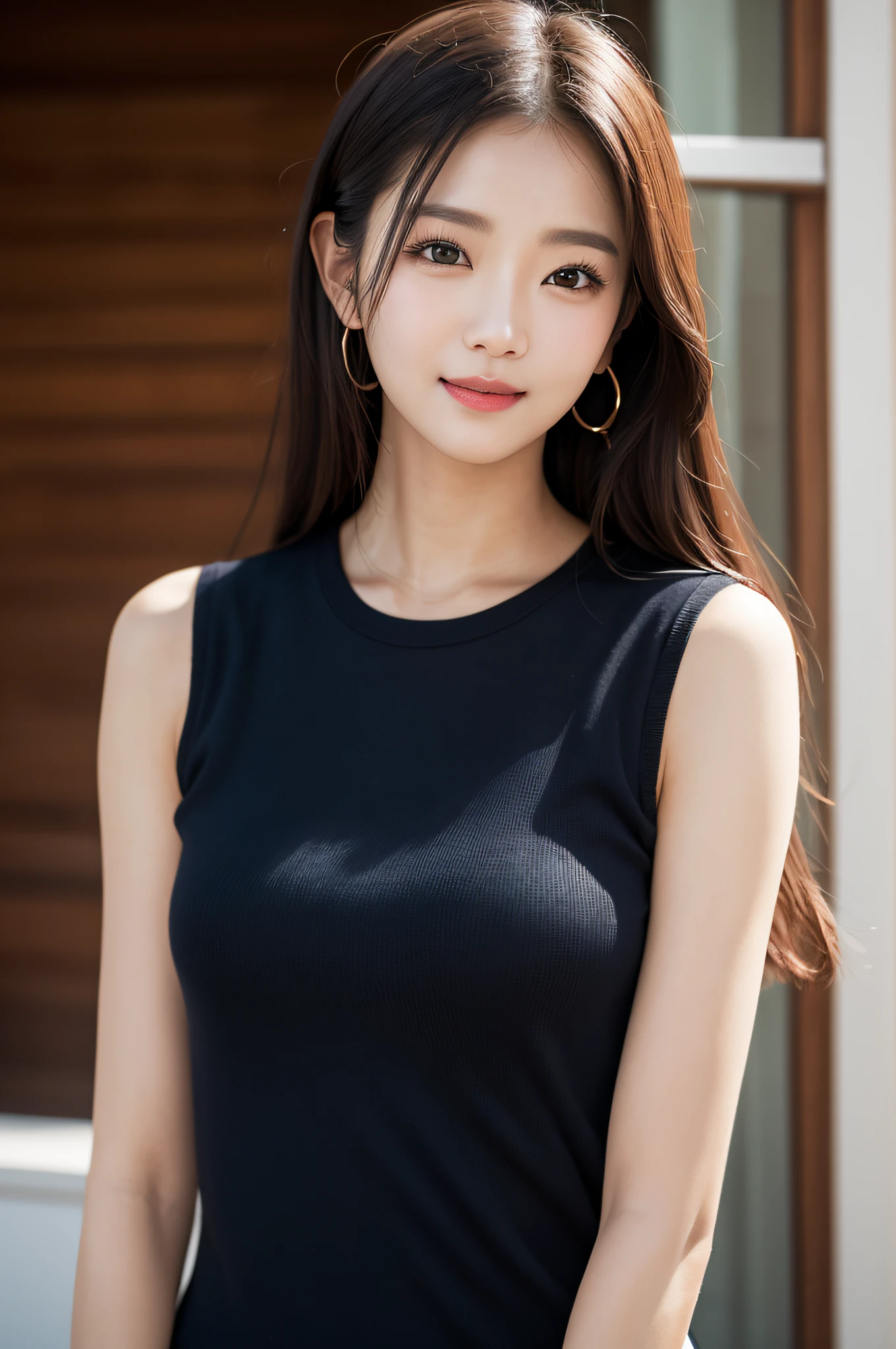 ((best qualtiy、8k masterpieces:1.3))、foco nítido:1.2、(ultra beautiful faces:1.0)、(Slender Abs Beauty:1.0)、(shinny skin:1.0)、photos realistic、A dark-haired、Video Lighting、High-definition eyes and face、Video Lighting、(cowboy  shot:1.3)、White swimwear、(Korean Cute Actress)、from the front side、medium large breasts、A slight smile、Sleeveless