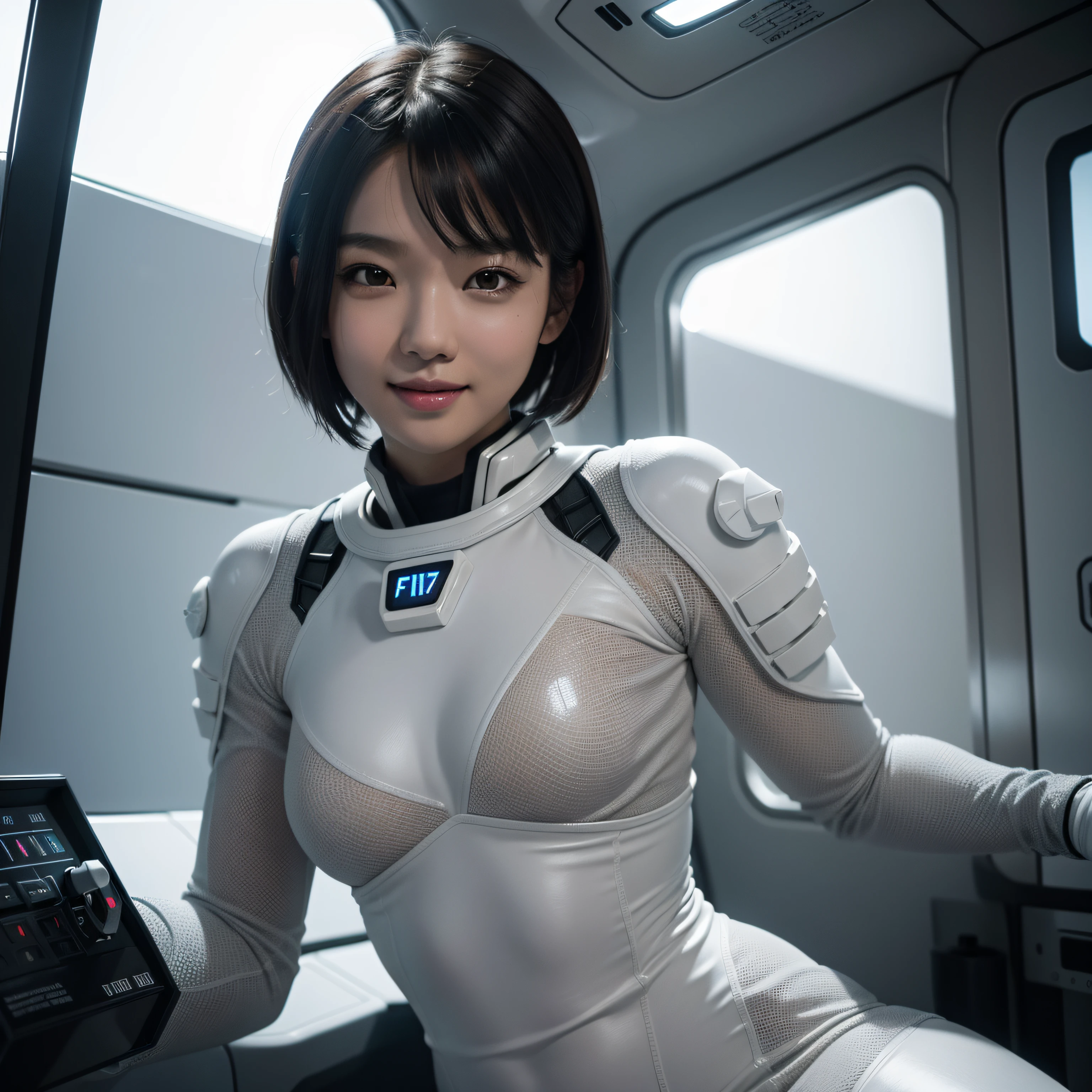 ultra-detailed, 1 girl, Asian, athletic body, realistic skin texture, short hair, (breasts:1.1), smile, gaze at viewer, white form-fitting space suit, gray interior of space ship, control panels, futuristic instruments, movie lighting, face focus, fine eyes, finerly detailed face, well lit face