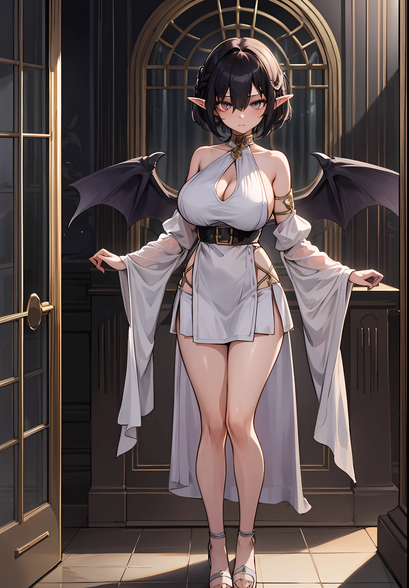 tmasterpiece，high high quality，1girll，Solo，huge tit，short detailed hair，inside in room，（A half body：Above thighs），（hair between eye），（Hairstyles：Elf short hair），Devil Wings，Disappointed face，looking at viewert，standing on your feet