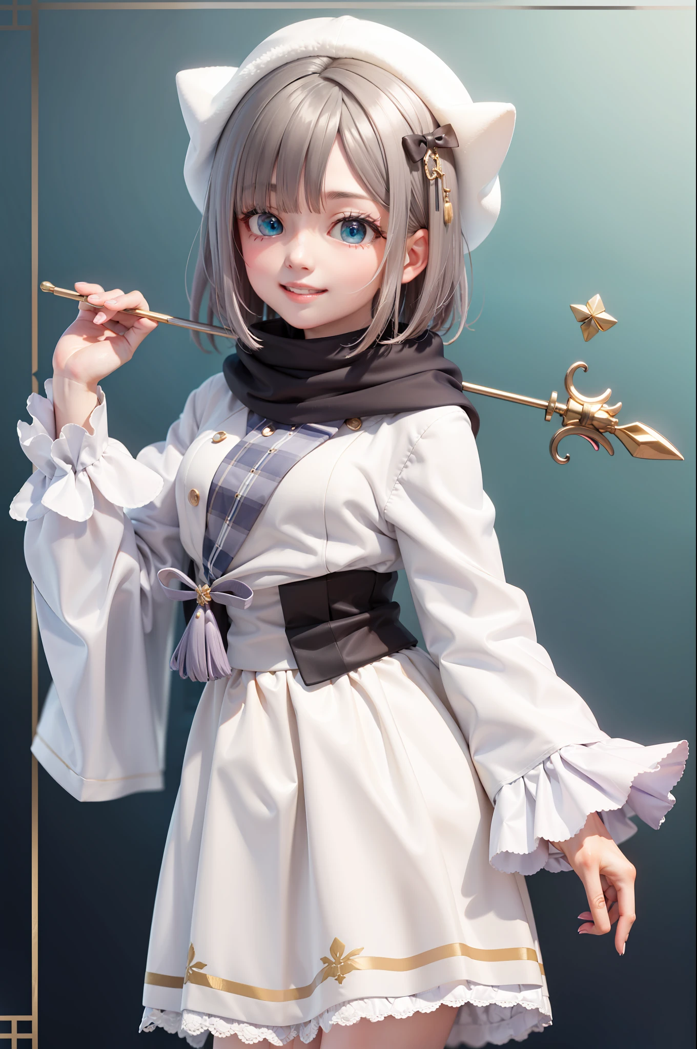 (masterpiece, best quality:1.2), cowboy shot, solo, 1girl, kaga sumire, virtual youtuber, smile, closed mouth, looking at viewer, short hair, hair ornament, white headwear, shirt, long sleeves, scarf