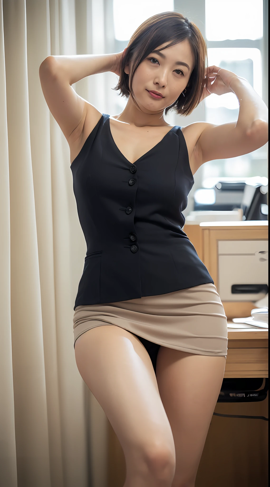 1 girl in(8K、Raw photography、top-quality、masterpiece:1.2)、(realisitic、realisitic:1.37)、(((ultra-detailliert、FULL BODYSHOT、Office Lady Working in a Company、overtime、s Office、Mini Tight Skirt Suit、Sleeveless、Officelady、realistic eyes and face details、natural skin textures、Armpit、decolletage、thighs thighs thighs thighs、Raw feet、Fair skin、A detailed face、真实感、Realistic background、Realistic lighting、short cut hair、sexypose)))