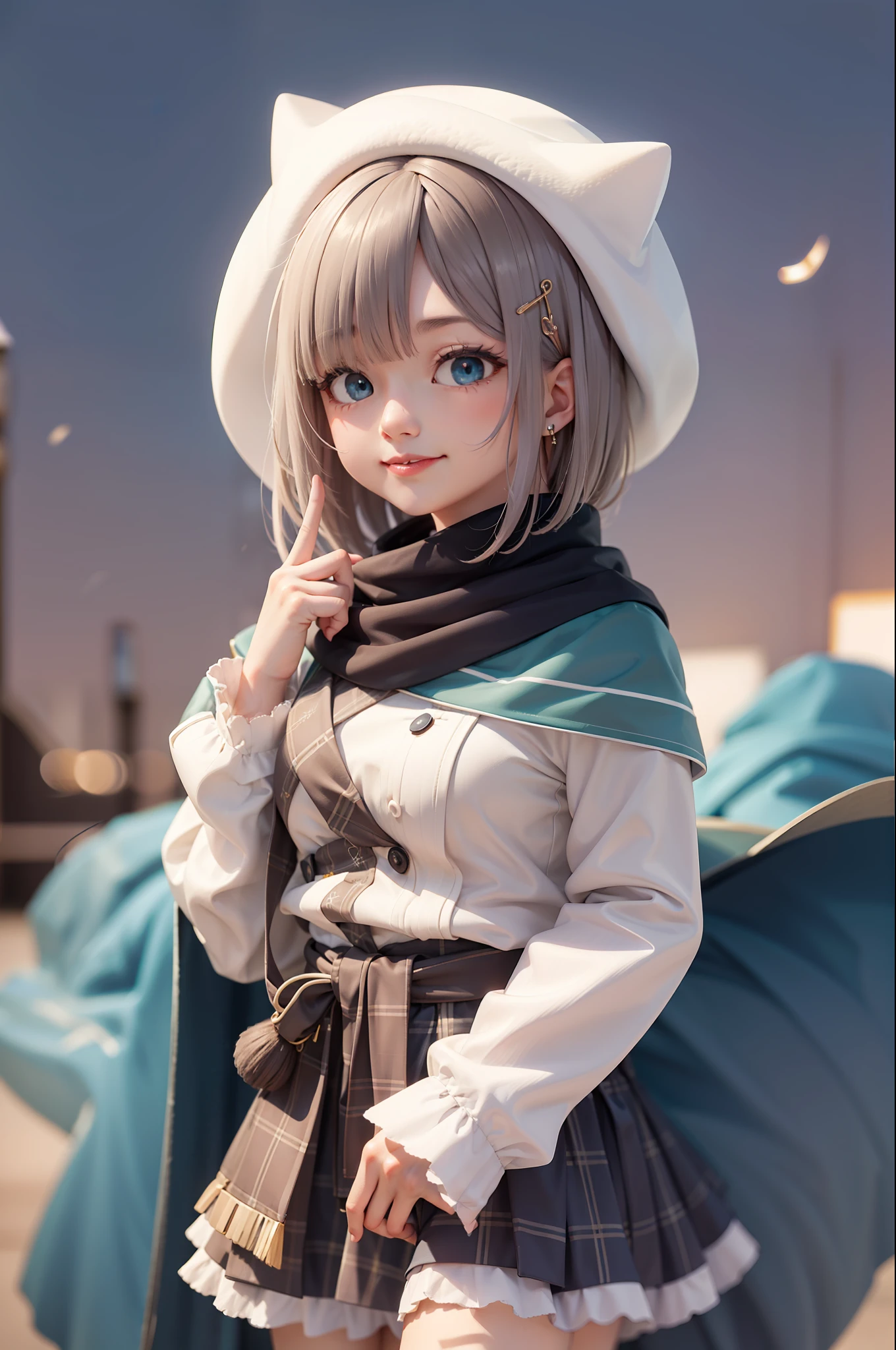 (masterpiece, best quality:1.2), cowboy shot, solo, 1girl, kaga sumire, virtual youtuber, smile, closed mouth, looking at viewer, short hair, hair ornament, white headwear, shirt, long sleeves, scarf