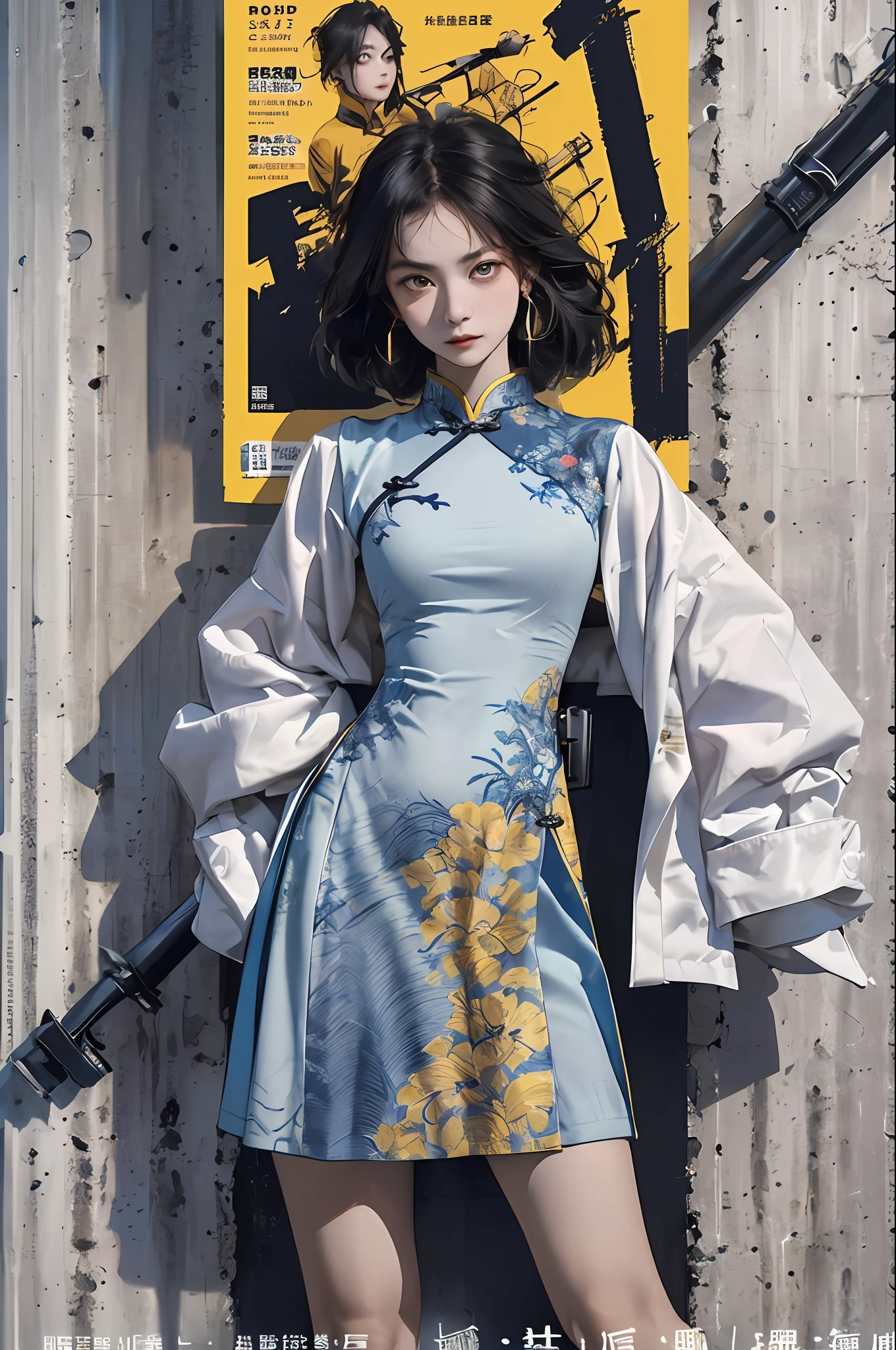 ((((dramatic))), (((gritty))), (((intense))) The movie poster features a young woman as the central character。She stands confidently in the center of the poster，Wear Chinese warrior attire，with a determined expression on her face。The background is dark and gritty，There is a sense of danger and a strong feeling。The text is bold and eye-catching，With catchy slogans，Adds to the overall drama and excitement。The color palette is dominated by dark colors，Dotted with bright colors，Make the poster dynamic and visually striking，tachi-e (magazine:1.3), (cover-style:1.3), fashionable, woman, vibrant, outfit, posing, front,rich colourful，dyna，Background with，Chinese elements，self-assured，Expressing the，halter，statement，attachment，A majestic，coil，Runt，Touching pubic area，Scenes，text，Cover of a，boldness，attention-grabbing，