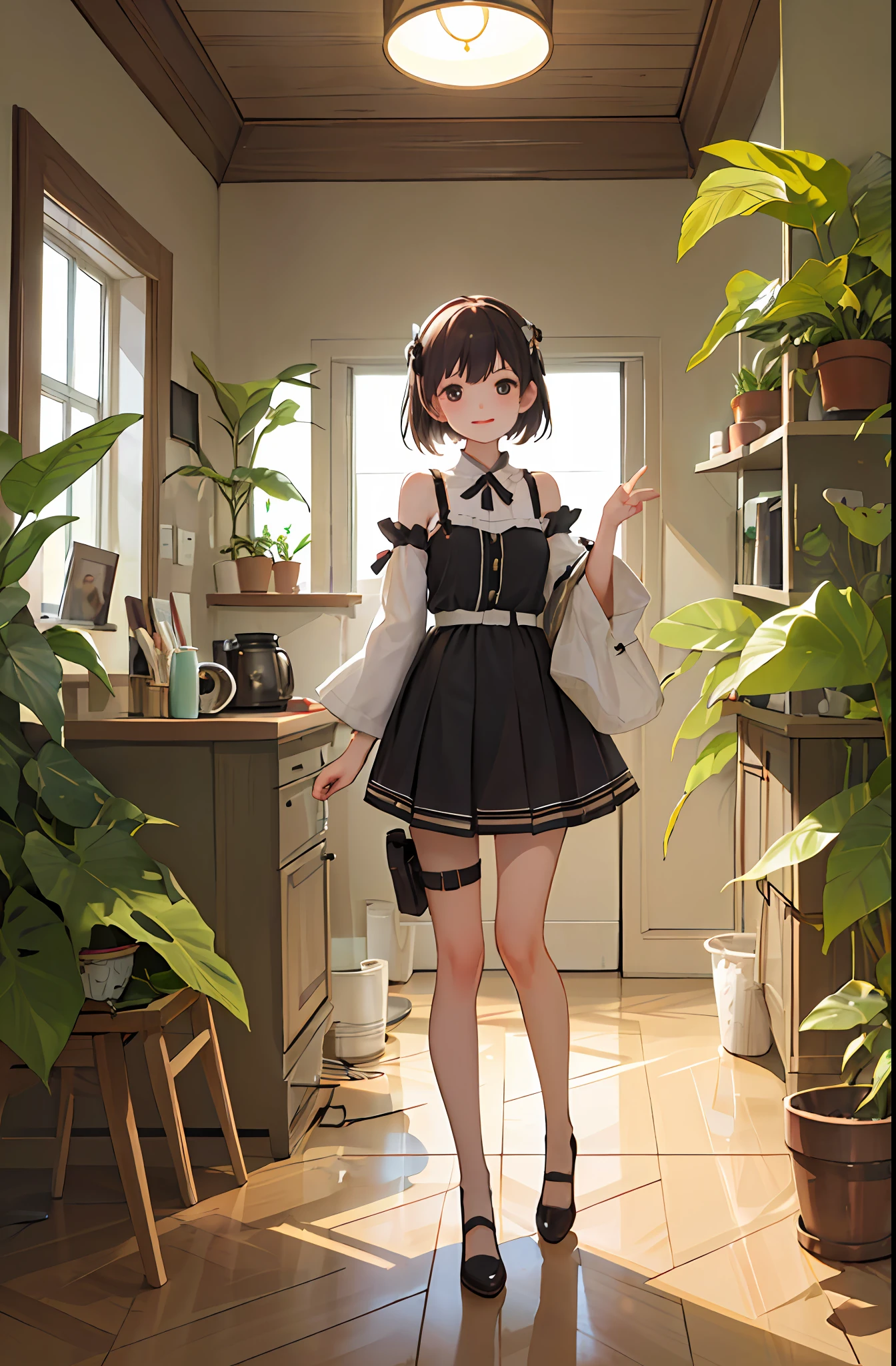 (masterpiece, best quality, ultra-detailed, illustration), beautiful face, solo, perfect body, 1girl, white dress, straps, indoors, full body, indoors, plants, (old house:1.2)