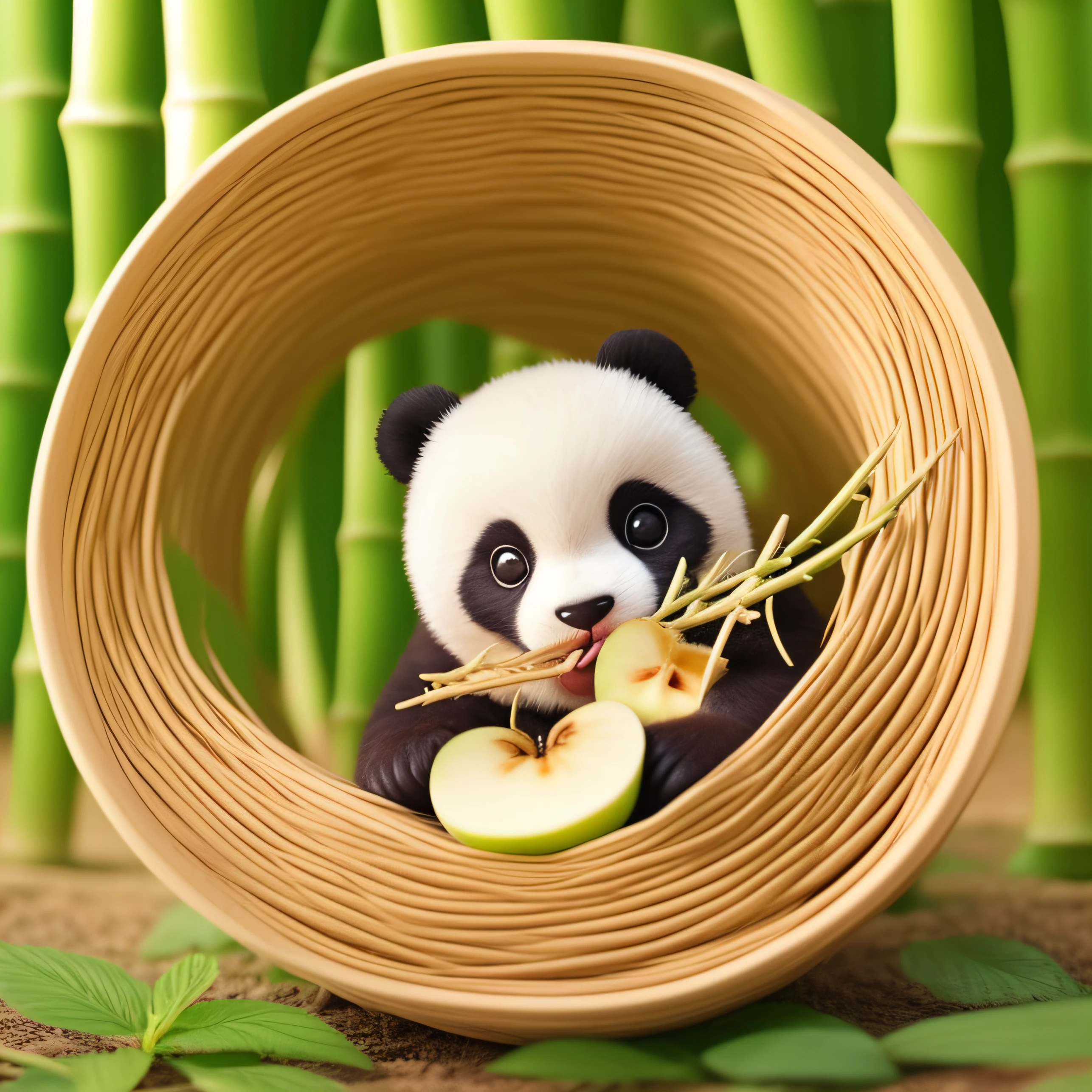 Little panda、Round eyes、dark circles、realisticlying、Furry animals、apples、Be red in the face、Eating bamboo、Rolling
