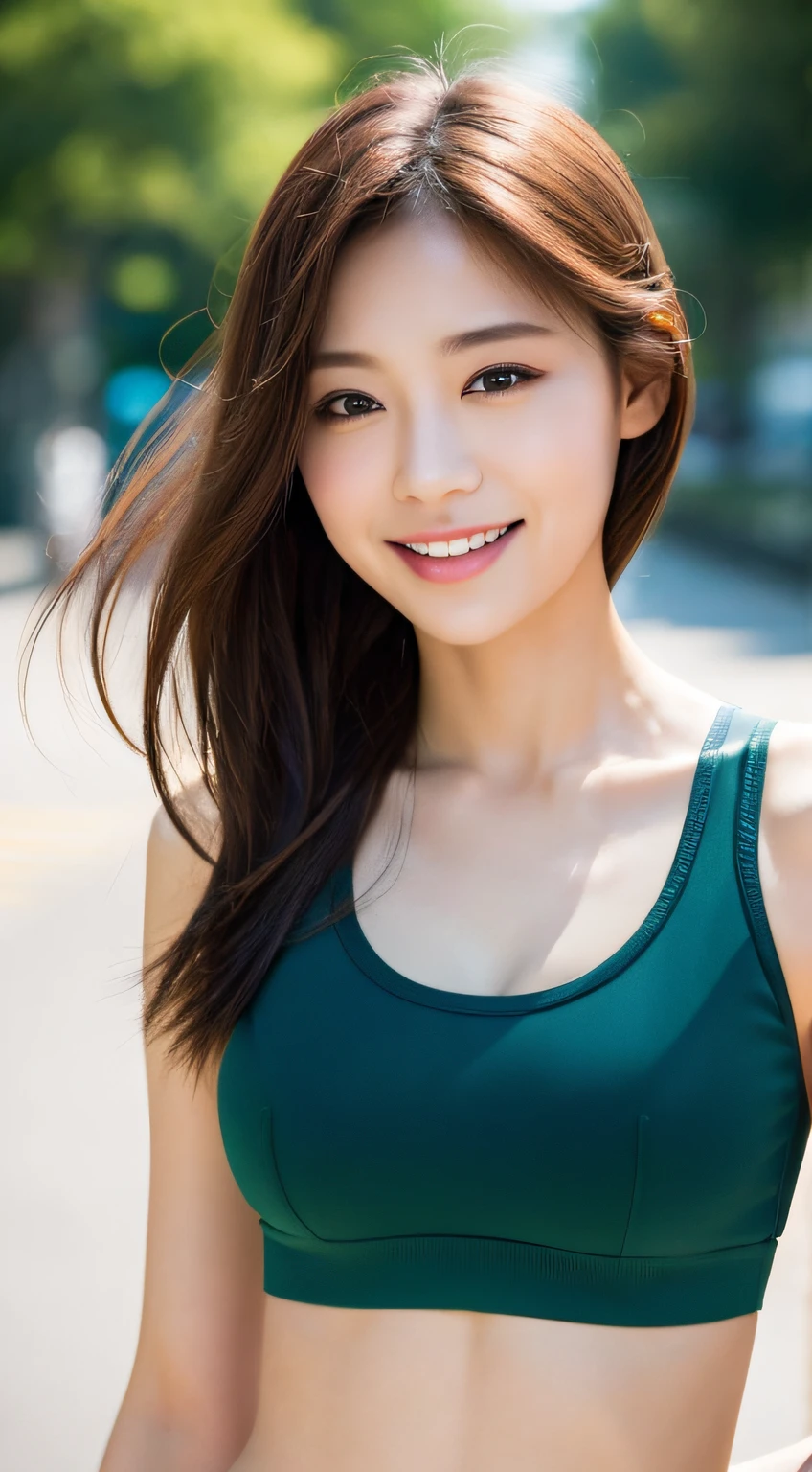((Top Quality, 8k, Masterpiece: 1.3)), Sharp Focus: 1.2, Perfect Body Shape Pretty Woman: 1.4, Slender Abs: 1.2, (Layered Haircut, Big: 1.8), (Sports Bra: 2.0), (Jogging: 1.8), (Street: 1.2), Highly Detailed Face and Skin Texture, Detailed Eyes, Double Eyelids, Smile, Bokeh,