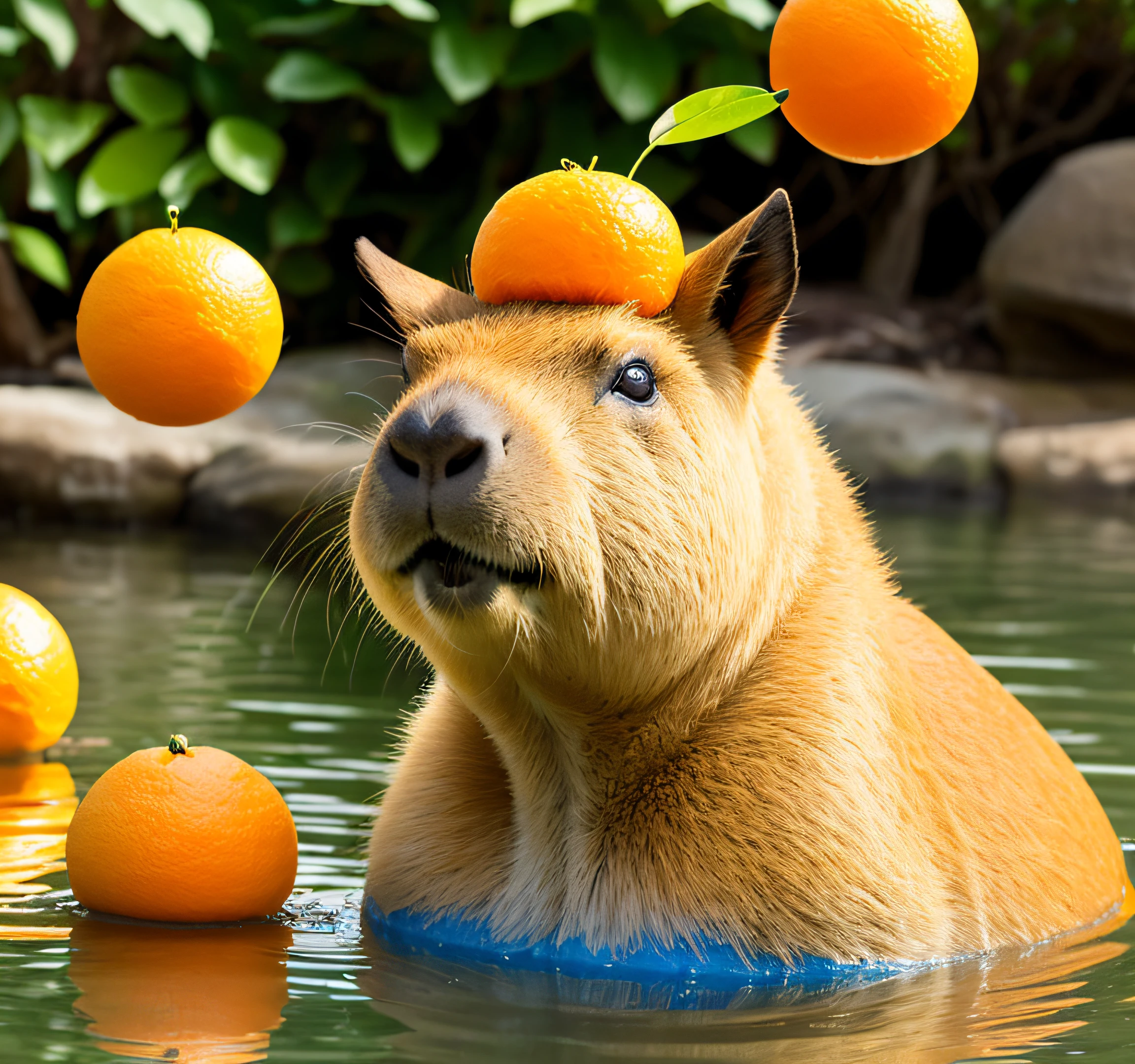 There was a capybara with a bunch of oranges on his head, capybara, Soak in the hot springs，anthropomorphic turtle，Juicy little boy，grin，blue color eyes