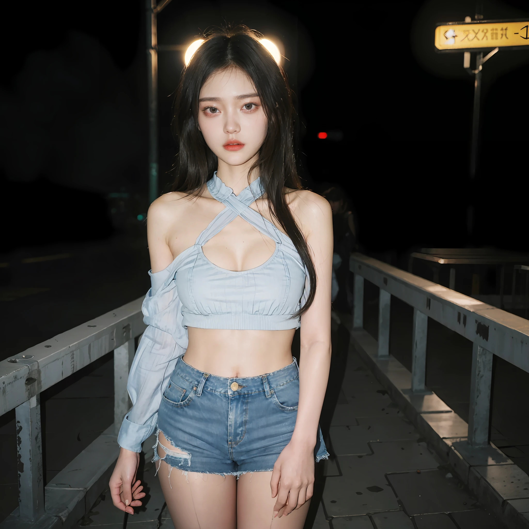 At night, A lovelorn girl in a tight top and denim miniskirt on no man's street,Haggard face,exquisite costumes,Delicate makeup,systemic,neonlight,k hd