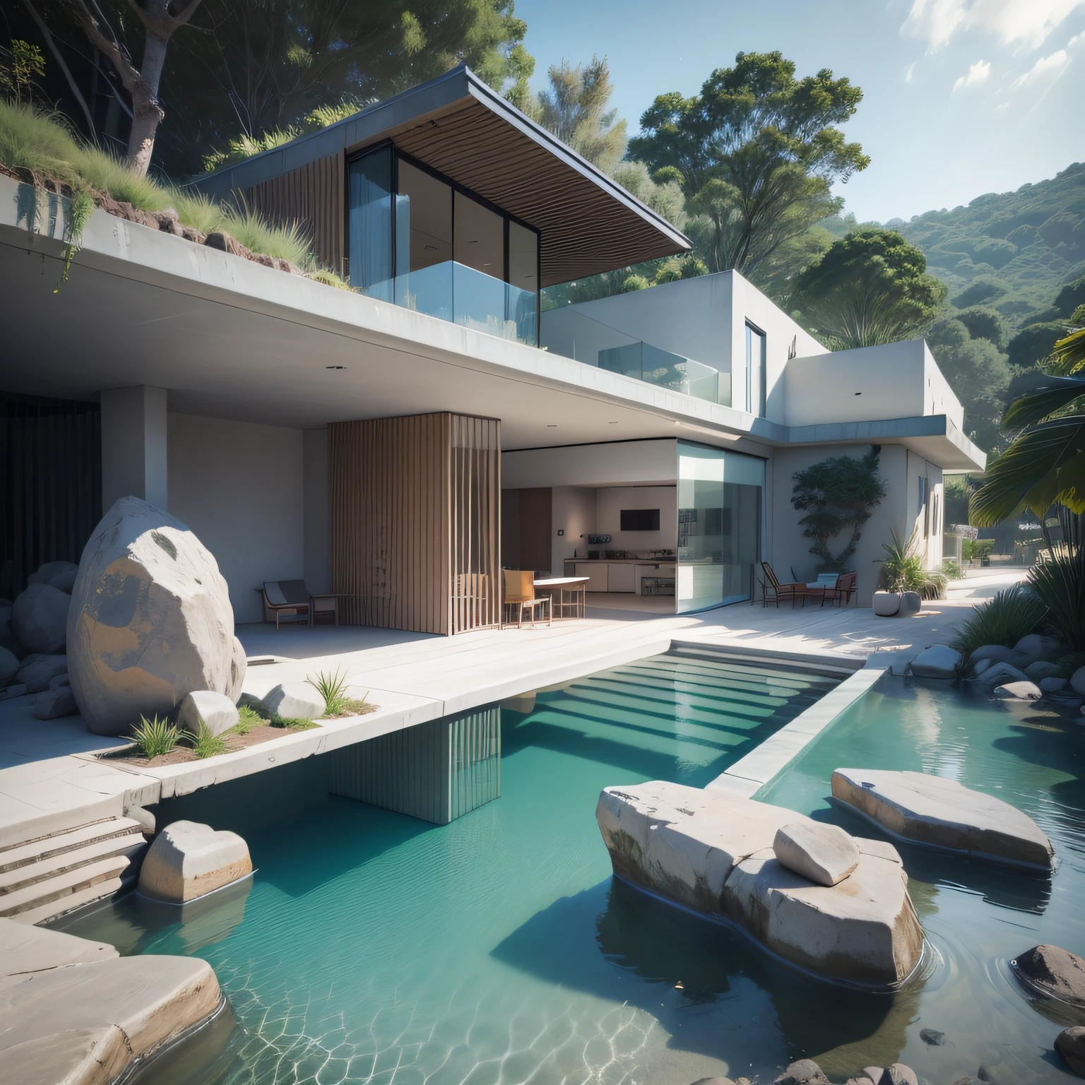 Arquitectura de uma  casa moderna futurista, casa de luxo na ilha das Seischeles, turquoise water, Rocks at the water's edge, areia branca, arquitectura de uma moderna, Arquitetura futurista, arquitetura Zaida Hadid, pequena casa de concreto branco com paredes de madeira, arquitectura com muito vidro, casa com madeira e vidro, grande piscina estreita a entrar pelo mar, arquitectura encaixada na floresta tropical, arquitectura estilo maldivas  ilha das Seicheles, praia tropical, a digital rendering, renderizado, muito detalhe, 8k Joao Salvador, ((obra-prima, melhor qualidade)), 8k, estilo de arquitetura moderna, Foto realista, David Chipperfield, foto hiper detalhada, single box, A 3D digital rendering of a building, glass building, Leansflare, body of water, night time