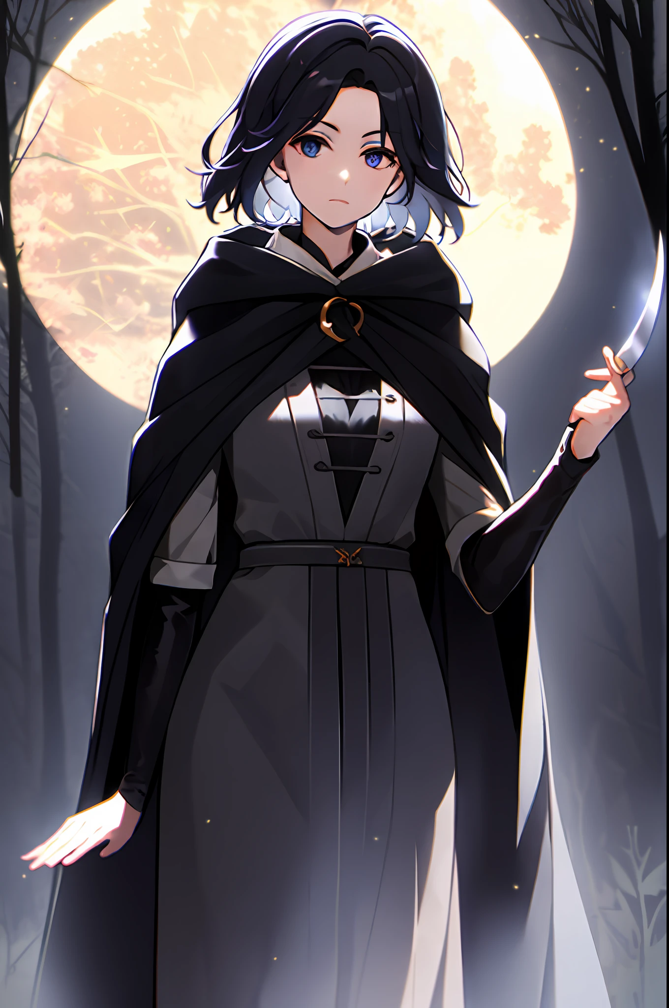 tmasterpiece，best qualtiy，under moonlight，The woman is the protagonist，Face forward，Wearing a cloak，Black clothes and black hair，A long knife hangs from his waist，The moonlight shines on the body，Dark woods
