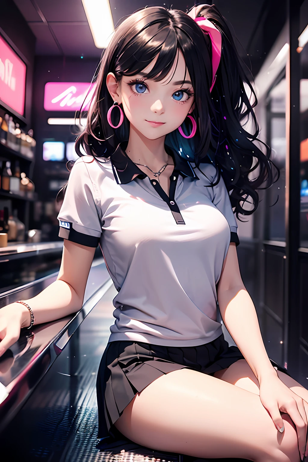 (masutepiece: 1.3), (max resolution: 1.2), (Ultra HDTV: 1.2), cinema lite, Ultra HDTV, (Detailed eyes and skin), (detailed facial features), 8K resolution, Sharp Focus: 1.2, Perfect Style, Beautiful Face, accurate, Anatomically correct, Highly detailed face and skin texture, Detailed eyes, Dark-blue eyes, Double eyelids, Thin eyebrows, (dropped eyes:0.65), (Glitter Eyeliner:1.2), Natural cheeks, Glossy skin, (Fair skin:1.2), shiny necklace and earrings, (Glossy lips: 1.4), BREAK, absurderes, One-person viewpoint, (She is Very Cute nightclub staff), (Wearing a White short-sleeved polo shirt:1.3), BREAK, (pleated mini skirt of Gray:1.2), ((showing a little string panties:1.2)), (high heels), BREAK, (shy smile:1.2), ((18 years old, Very Cute and neat girl:1.3)), (high-ponytail hairstyle, Wavy Hair), ((Black hair:1.2)), Medium Long Hair, (Cowboy shot: 1.2), (Focus on Face), ((Present a business card to the viewer:1.6)), ((inside the bar counter)), (medium large breasts:1.2), ((In the super erotic nightclub:1.4)), BREAK, ((Pink neon lights:1.2)), (((dim lighting:1.3))),