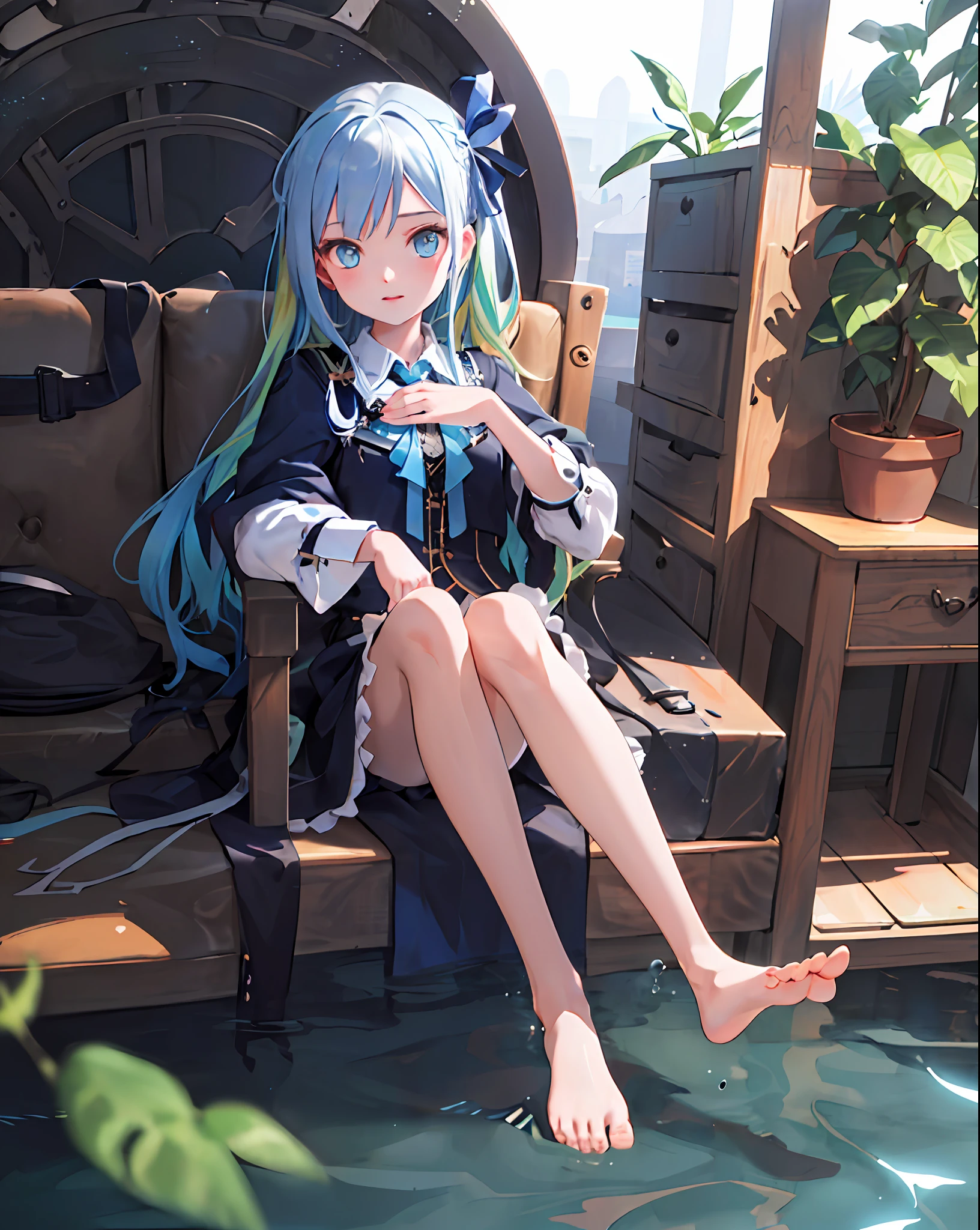 (masterpiece, best quality), (1girl with white long hair, beautiful blue eyes, hair ribbon, collared shirt, bare feet, french braid, plant), (multicolored_hair:1.2), blue_hair|(white_hair:1.3), long_hair, petite, cute, outdoor, steampunk, (underwater:1.2), pillow, (fantasy, zero gravity, hair floating in water), volumetric lighting, detailed eyes, hyper detailed, highly detailed, beautiful, small details, ultra detailed, best quality, intricate, hyperrealism, sharp, digital illustration, detailed, realism, intricate, 4k, 8k, trending on artstation, good anatomy, beautiful lighting, award-winning, photorealistic, realistic shadows, realistic lighting, beautiful lighting, raytracing, intricate details, rule of thirds, masterpiece, (illustration:1.1), highres, (extremely detailed CG, unity, 8k wallpaper:1.1), beautiful face, highly detailed face, ultra realistic, masterpiece, bokeh, extremely detailed, intricate, zoomout, colorful, vibrant colors, perspective, backlight, detailed background