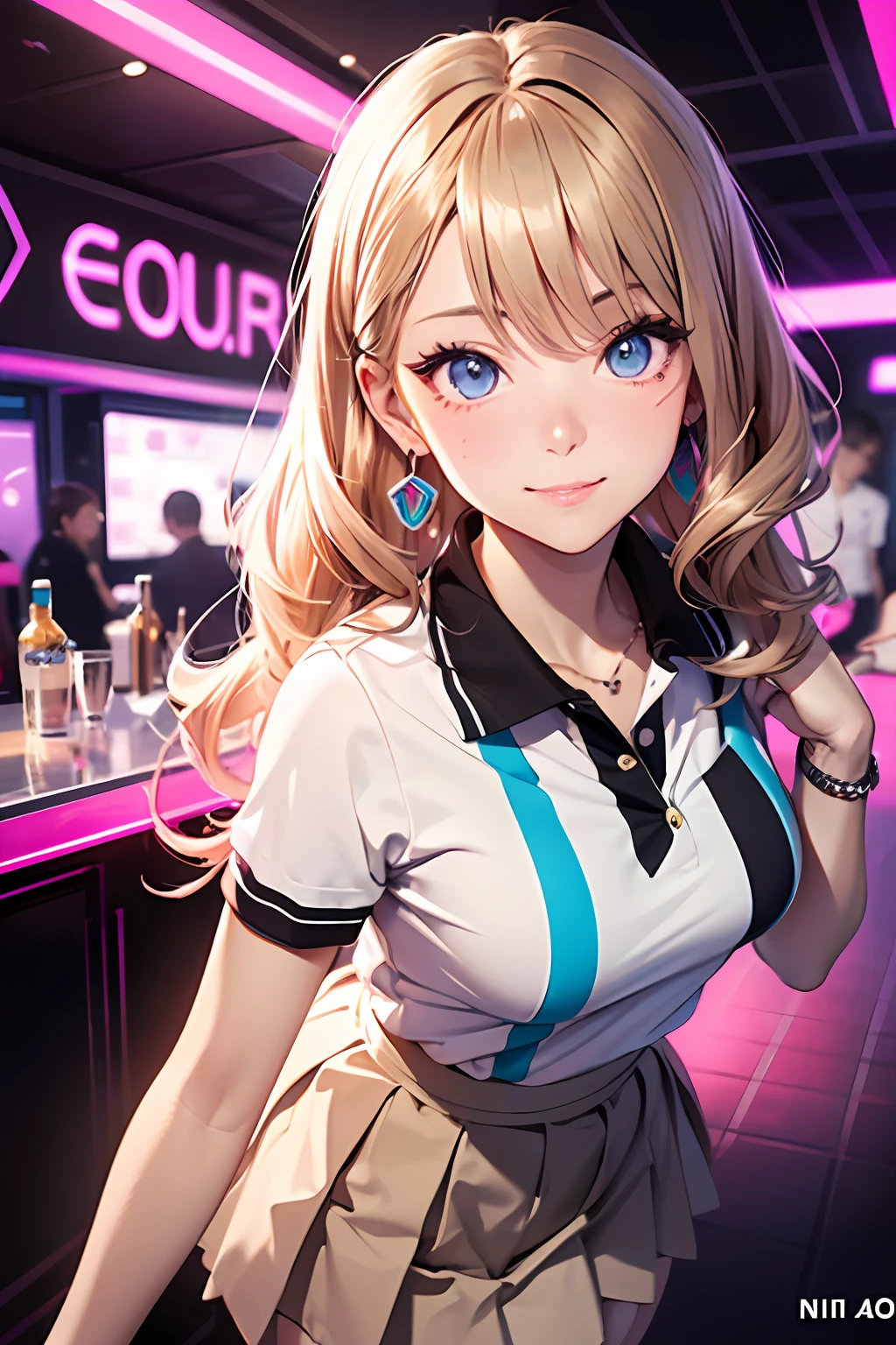 (masutepiece: 1.3), (max resolution: 1.2), (Ultra HDTV: 1.2), cinema lite, Ultra HDTV, (Detailed eyes and skin), (detailed facial features), 8K resolution, Sharp Focus: 1.2, Perfect Style, Beautiful Face, accurate, Anatomically correct, Highly detailed face and skin texture, Detailed eyes, Dark-blue eyes, Double eyelids, Thin eyebrows, (dropped eyes:0.65), (Glitter Eyeliner:1.2), Natural cheeks, Glossy skin, (Fair skin:1.2), shiny necklace and earrings, (Glossy lips: 1.4), BREAK, absurderes, One-person viewpoint, (She is Very Cute nightclub staff), (Wearing a White short-sleeved polo shirt:1.3), BREAK, (pleated mini skirt of Gray:1.2), ((showing a little string panties:1.2)), (high heels), BREAK, (shy smile:1.2), ((18 years old, Very Cute and neat girl:1.3)), (high-ponytail hairstyle, Wavy Hair), ((Beige color hair:1.5)), Medium Long Hair, (Cowboy shot: 1.2), (Focus on Face), ((Present a business card to the viewer:1.6)), ((inside the bar counter)), (medium large breasts:1.2), ((In the super erotic nightclub:1.4)), BREAK, ((Pink neon lights:1.2)), (((dim lighting:1.3))),
