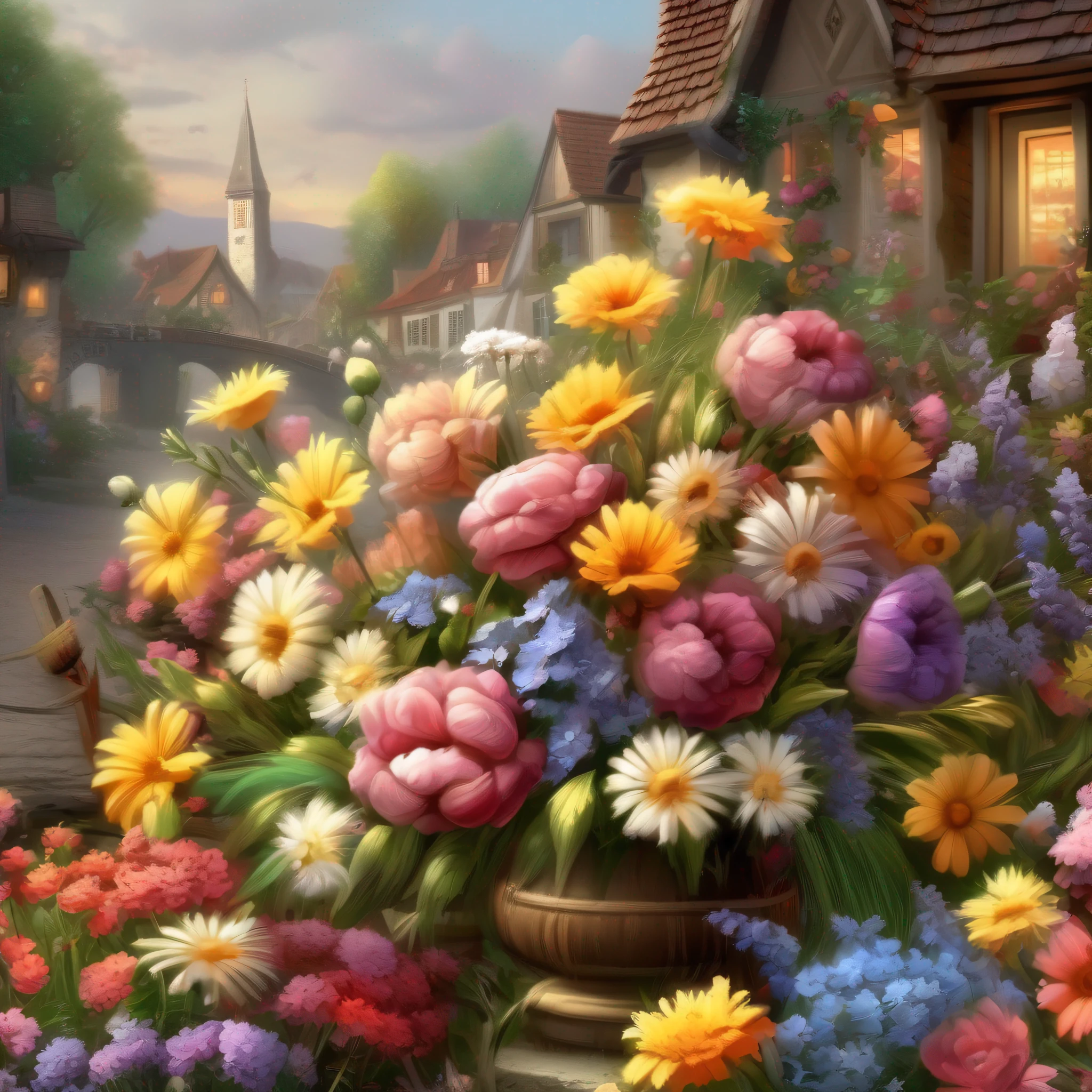bunch of flowers，Art Ultra HD 4 K, Detailed scenery —width 672, author：Franz Hergi, scenery art detailed, 8K high quality detailed art, 4k highly detailed digital art, A high resolution, 4 k matte thomas kinkade