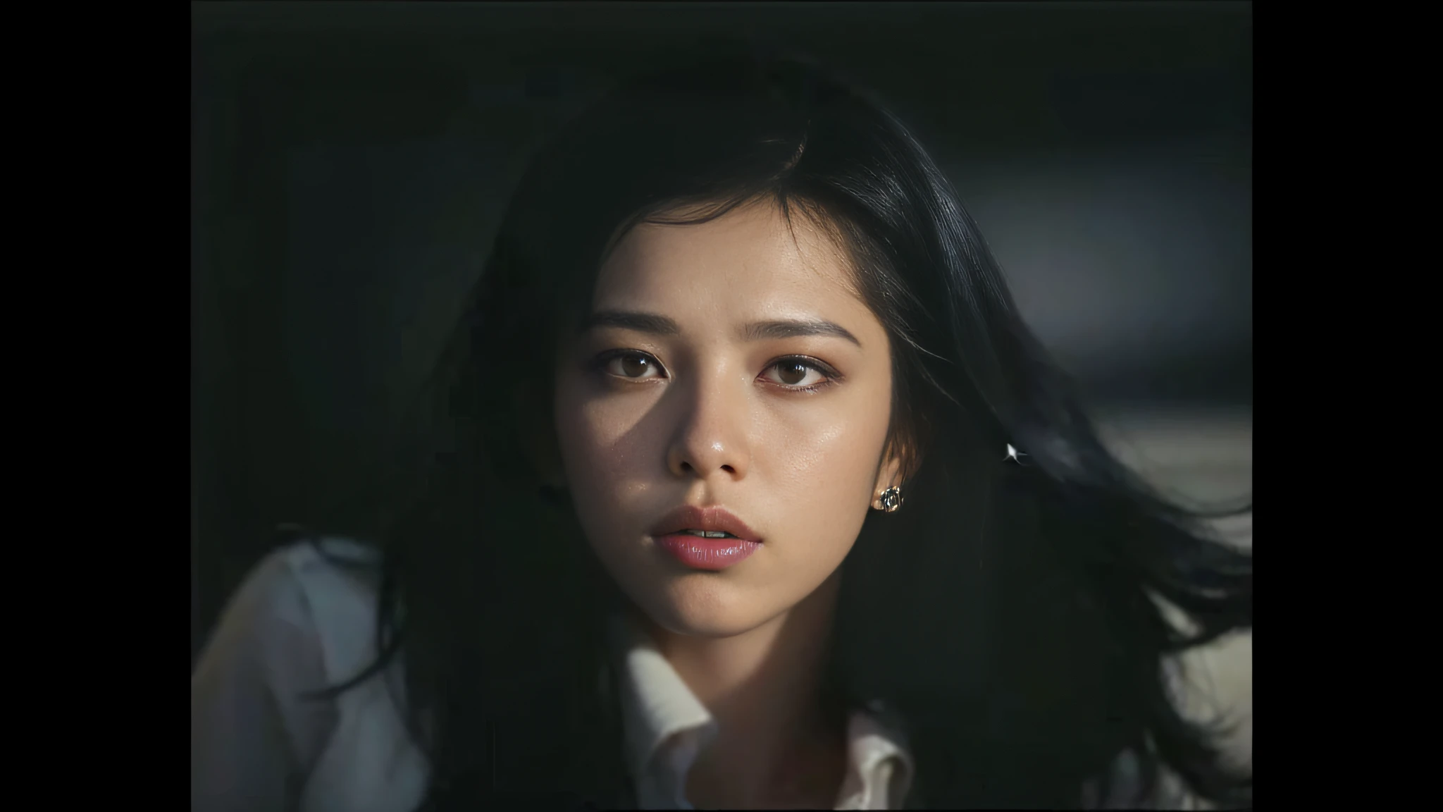 (anxious expression, anxious look, frightened), (8k, highest quality, masterpiece: 1.2), (realistic, photorealistic: 1.37), ultra detail, top quality, ultra high resolution, professional lighting, photon mapping, radiosity, physically based rendering, cinematic lighting, depth of field, focusing, moonlight, good composition, (bokeh: 1.2), 1 girl,(Full body),(Mouth closed),Beautiful eyes,Pose,Constriction,Black hair,Unkempt hair,Short hair fluttering in the wind,(ulzzang-6500:1.2) mix4, hiqcgbody