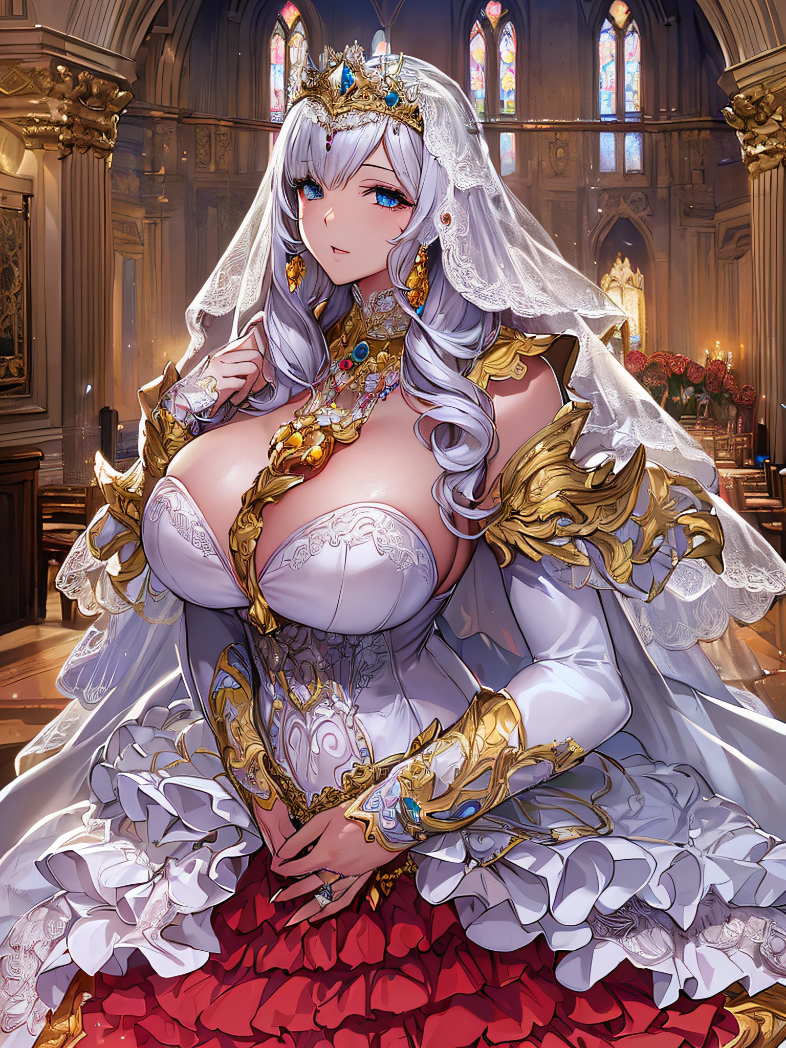 ((anime artstyle)),(Masterpiece),(Best Quality), (Super Detail),((Very Delicate and Beautiful)),Focus on character,Dynamic Angle,Looking at viewer,((Solo)),standing,((full body)),((one princess in gorgeous ball gown wedding dress with voluminous skirt)),((June bride)),detailed face and eyes,jewel-like eyes,((Very Long voluminous Hair)),gorgeous embroidery and lace,((gorgeous corsage)),See-through,(Gorgeous jewelry ornaments),Huge luxury hair ornament,luxury tiara with jewels,ornate ruffles,((gigantic breasts,Long breasts)),indoor,church wedding,((full body)),hoop skirt,crinoline,very long wedding veil,(((fusion of jeweled wedding dress and gorgeous embroidery rococo ballgown))),