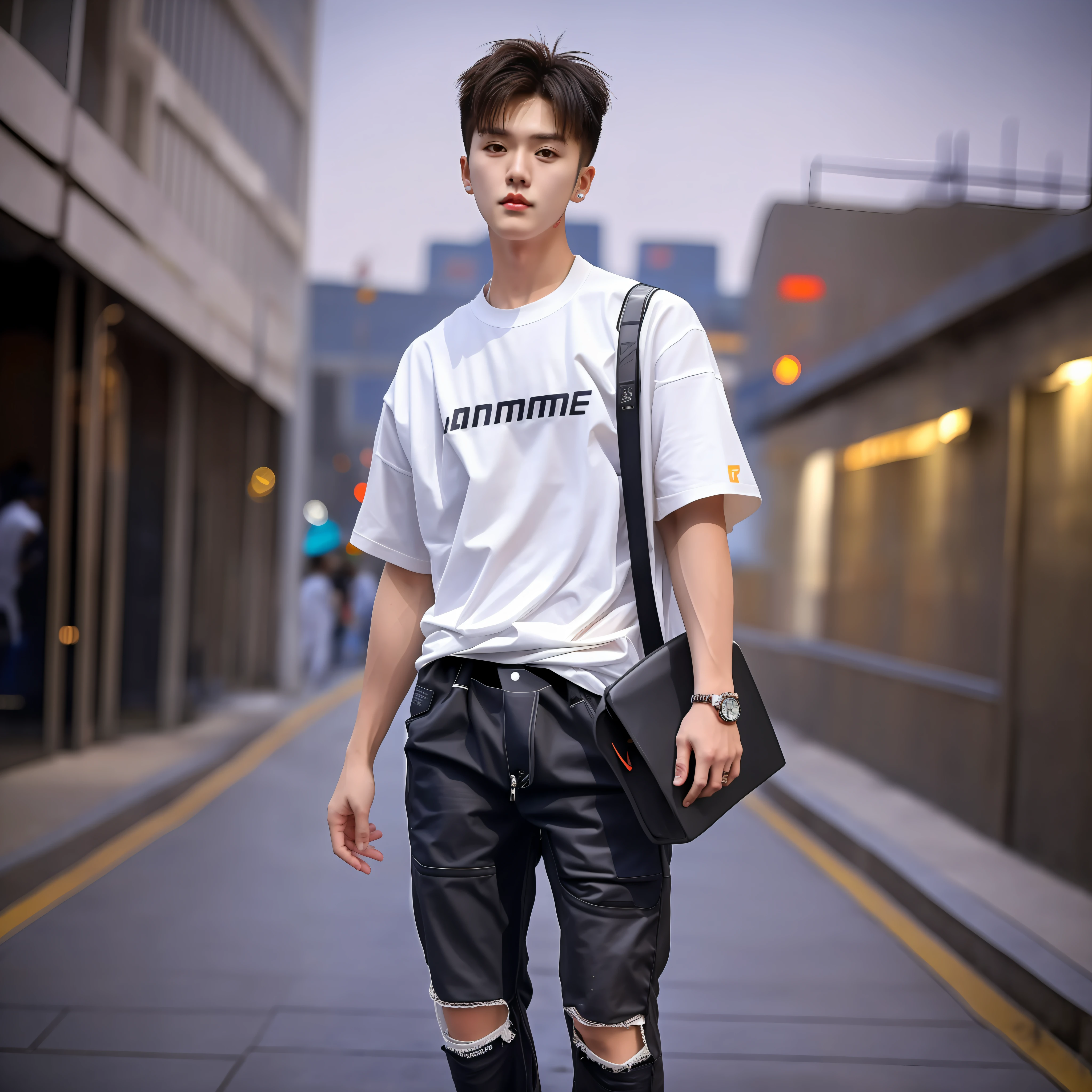 Fanatical men in white shirts and ripped jeans walk down the street, South Korean male, japanese streetwear, streetwear fashion, casual streetwear, wearing japanese techwear, off - white style, wearing cyberpunk streetwear, hyung tae, Shin Jinying, wearing off - white style, japanese city street fashion, japanese street fashion, street fashion outfit, outlive streetwear collection, tokyo fashion