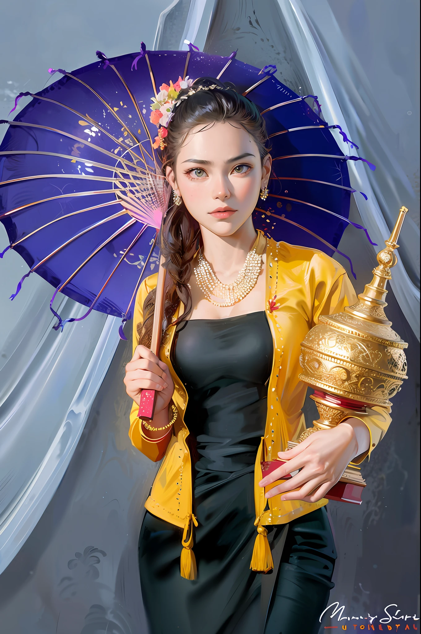 arafed woman in a colorful dress holding a stick and a hat, sukhothai costume, traditional beauty, wearing authentic attire, traditional costume, traditional clothing, wearing traditional garb, traditional dress, traditional clothes, portrait shot, vietnamese woman, tribal clothing, closeup portrait shot, ethnic, traditional tai costume, ethnic group, mid shot portrait, wearing an elegant tribal outfit, a picture by Makoto Shinkai, pixiv, conceptual art, lofi artstyle, reflections. by makoto shinkai, lofi art, beautiful anime scene, anime landscape, detailed scenery —width 672, in style of makoto shinkai, style of makoto shinkai,a picture by Makoto Shinkai, pixiv, conceptual art, lofi artstyle, reflections. by makoto shinkai, lofi art, beautiful anime scene, anime landscape, detailed scenery —width 672, in style of makoto shinkai, style of makoto shinkai