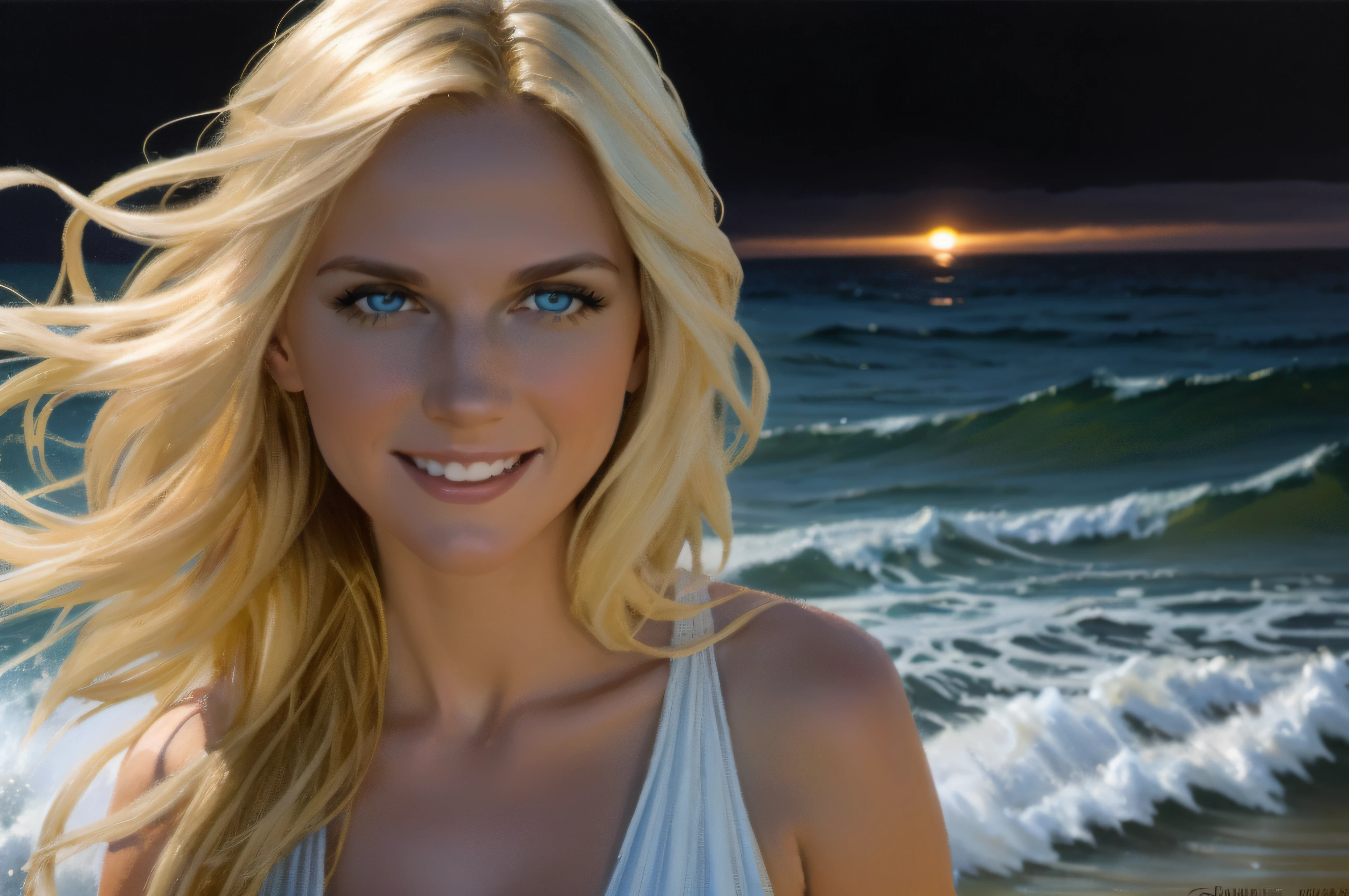 Head and shoulders portrait, Happy Smiling young beautiful Blonde woman, at the sea, by sunset, white thin summer dress, golden blond long hair flowing in the wind, blue eyes, oil on canvas, oil painting, James Gurney, smooth, hyper detailed, natural looking, life like, photo realistic, maximalist, wallpaper, masterpiece, 32k resolution, hyper realistic, best quality, ultra quality, Epic, cinematic, brilliant, stunning, intricate, meticulously detailed, dramatic, atmospheric, digital matte painting, colorful, bright colors, complementary colors, golden hour, volumetric lightning, high contrast, super detailed face, super detailed hair, romantic vibe, a beautiful summer evening at sunset, ocean waves and sun setting in background