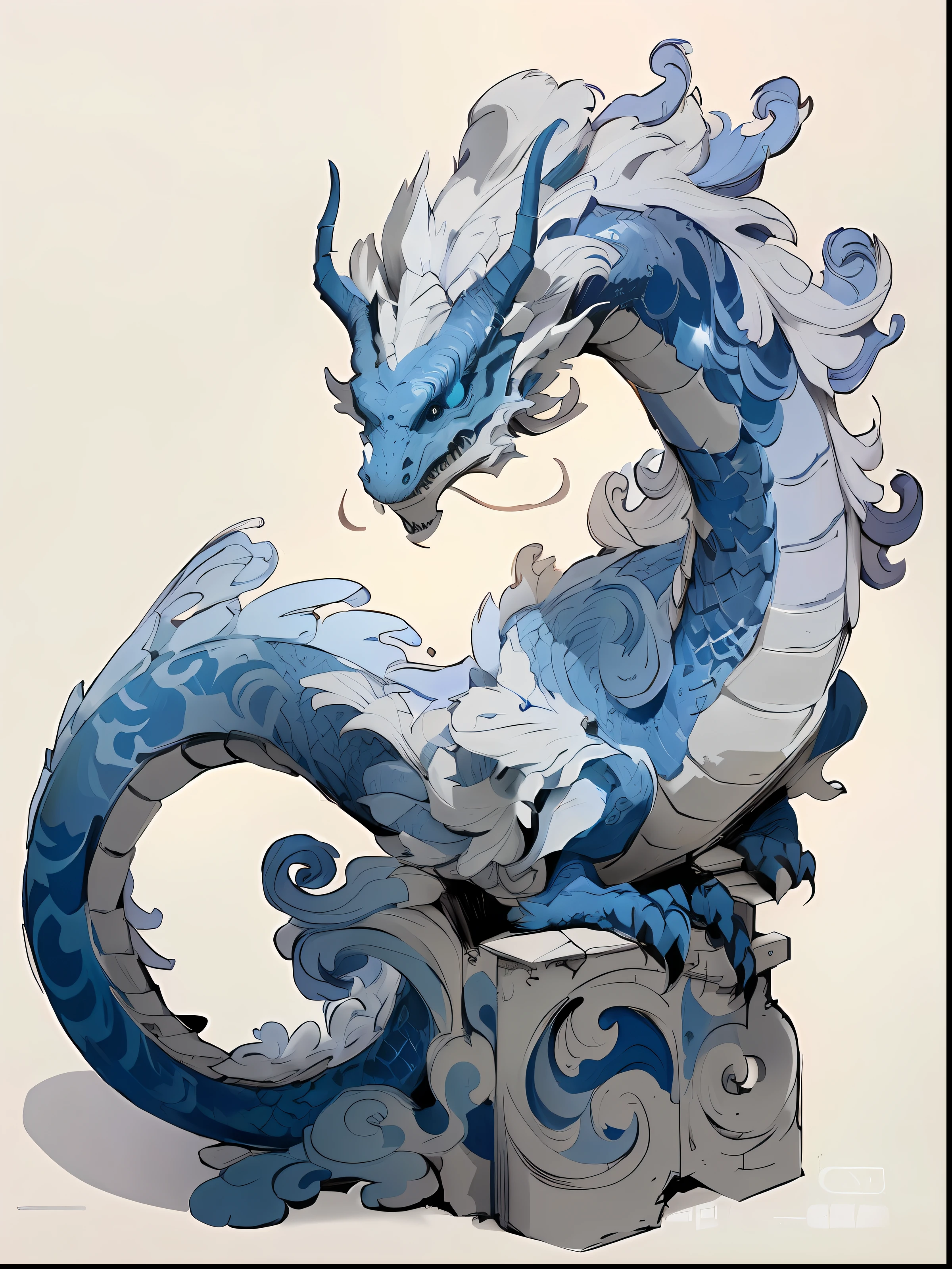 There is a dragon statue made of paper，It has a blue and white pattern on it, water dragon, Blue dragon, Dragon Art, chinese dragon concept art, cyan chinese dragon fantasy, blue scaly dragon, inspired by Kameda Bōsai, smooth chinese dragon, inspired by Kanō Naizen, detailed dragon, highly detailed and colored, majestic japanese dragon, long dragon, detailed creature