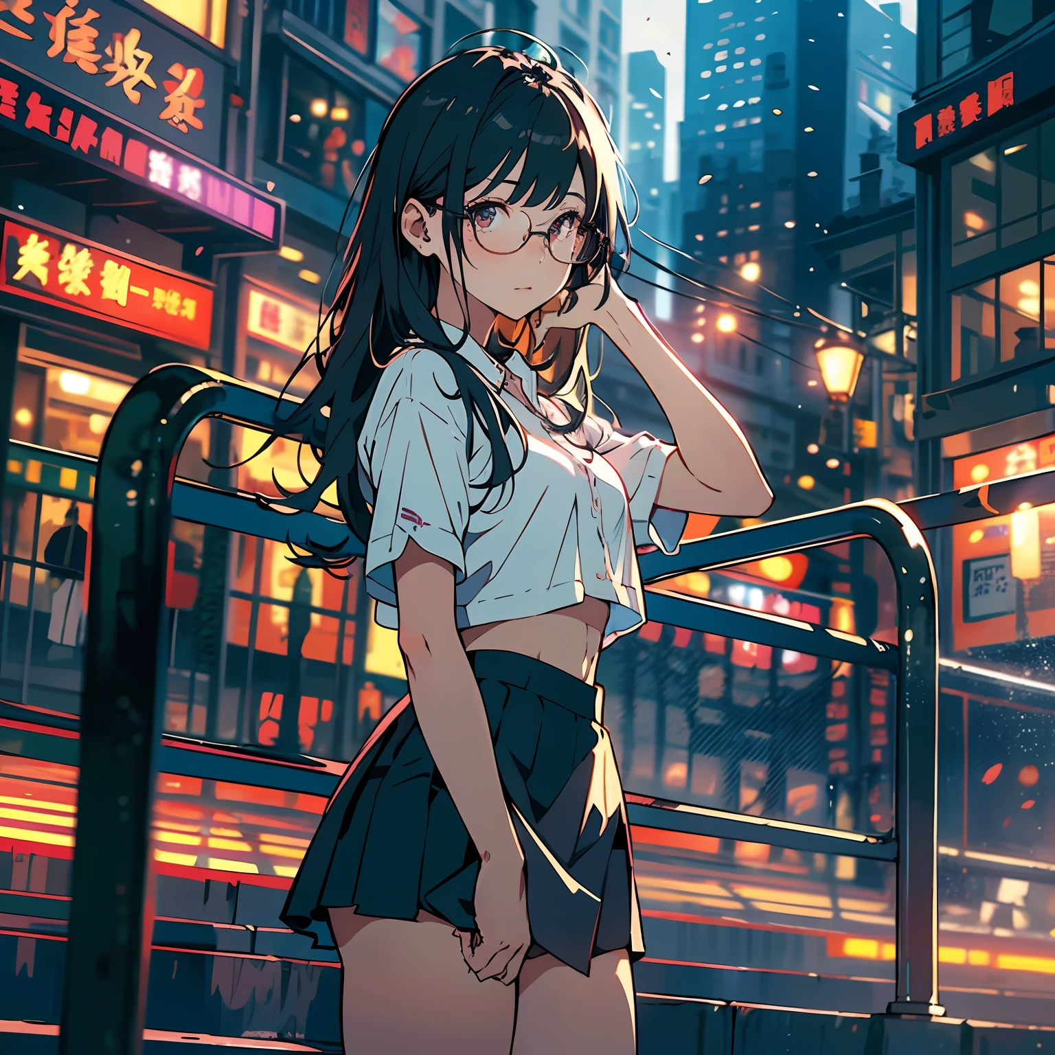人物,城市,,Superskirt,long whitr hair,Handrails,eye glass,Street photography,Don't look at the lens,Foreground composition,8K,Cinematic lighting effects,Textured skin,best qualtiy,Storytelling images,dynamic blur,