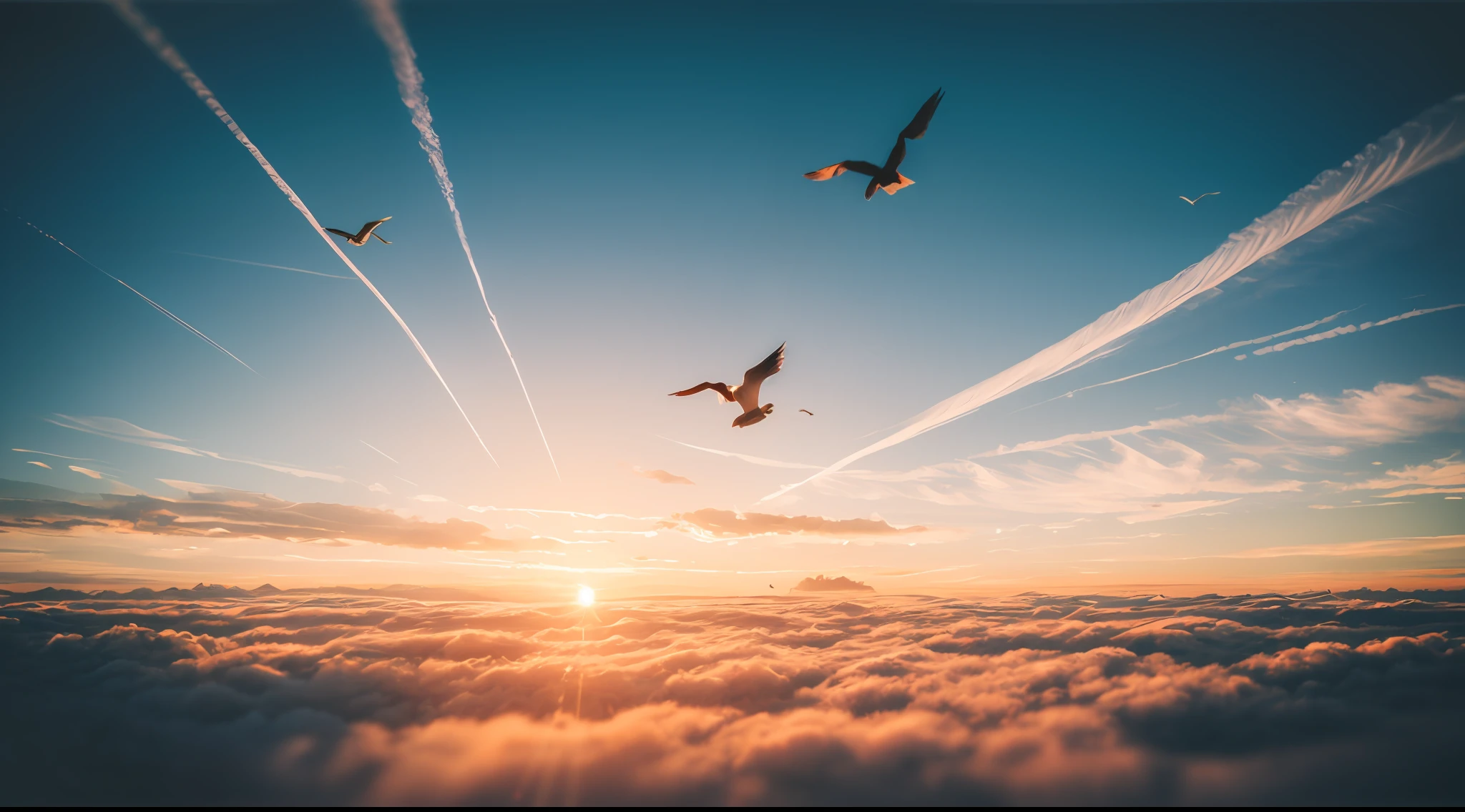 Into the cloud, sony a7, Film grain, Sunset, the golden hour, Cinematic lighting, Photorealistic, one-point perspective, 32K, diffuse reflection, colorful shiny particles, Lens Flare, sharp reflection light, Flying birds