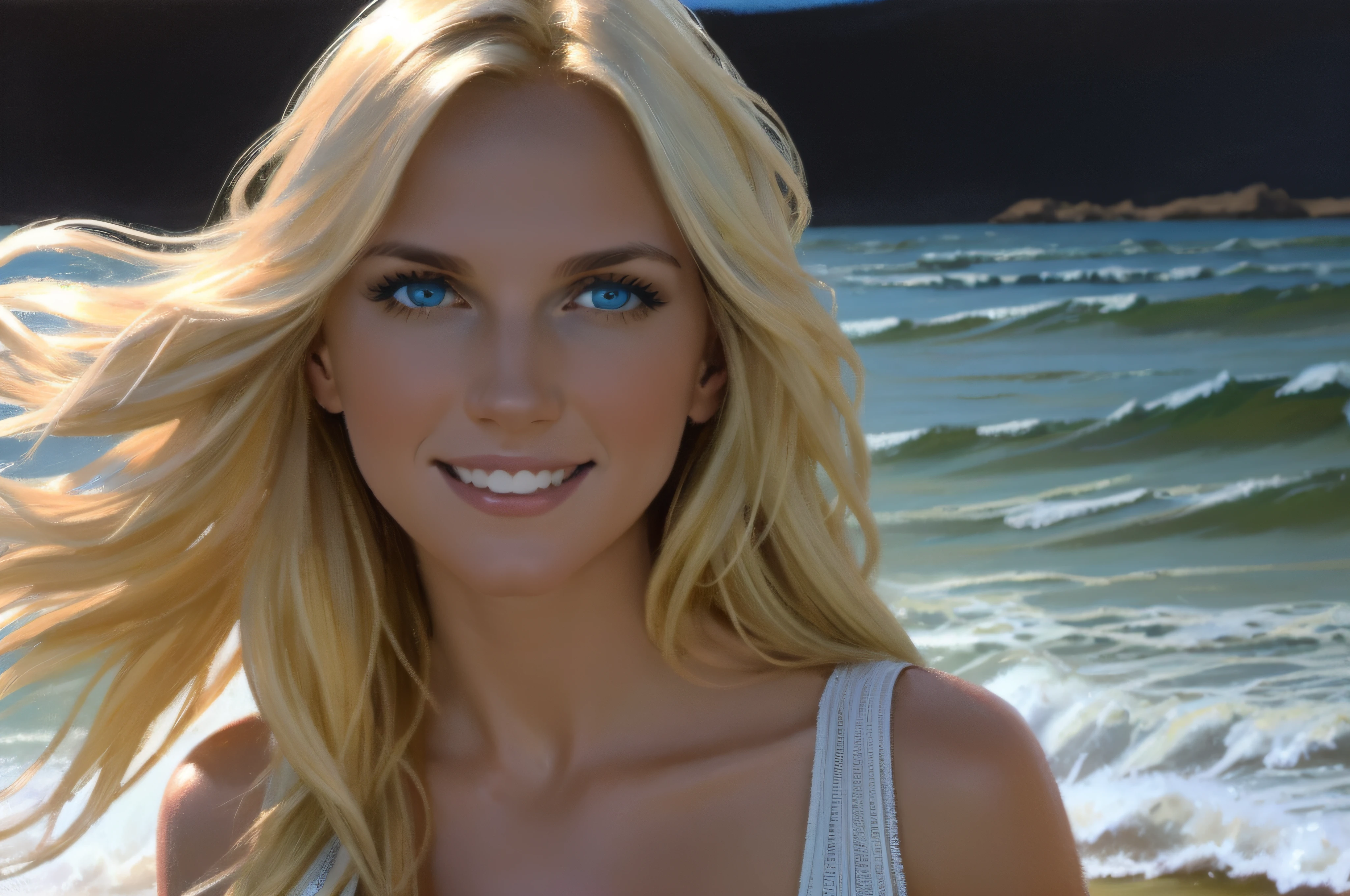 Head and shoulders portrait, Happy Smiling young beautiful Blonde woman, at the sea, by sunset, white thin summer dress, golden blond long hair flowing in the wind, blue eyes, oil on canvas, oil painting, James Gurney, smooth, hyper detailed, natural looking, life like, photo realistic, maximalist, wallpaper, masterpiece, 32k resolution, hyper realistic, best quality, ultra quality, Epic, cinematic, brilliant, stunning, intricate, meticulously detailed, dramatic, atmospheric, digital matte painting, colorful, bright colors, complementary colors, golden hour, volumetric lightning, high contrast, super detailed face, super detailed hair, romantic vibe, a beautiful summer evening at sunset, ocean waves and sun setting in background