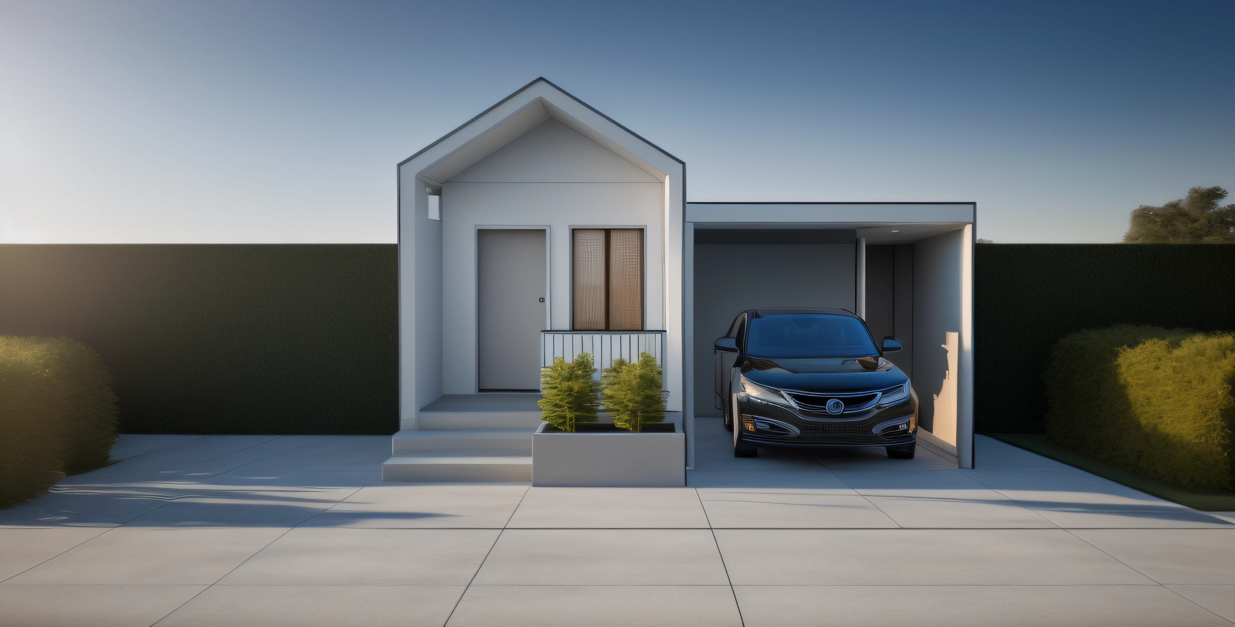 a rendering of a modern house with a car parked in front of it, overall architectural design, concept house, realistic render, lumion render, render, very realistic render, one house, front perspective, exterior design, architectural visualization, render amazing, photo realistic render, render vray, stunning render, neotraditional modern minimalist, beautiful rendering, contemporary house, beautifully detailed render,((garden)),sunny