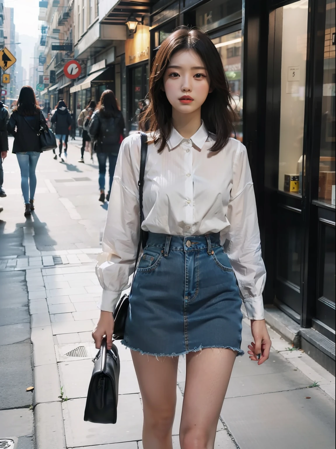 woman，Street photography，k hd，4K，Denim skirt