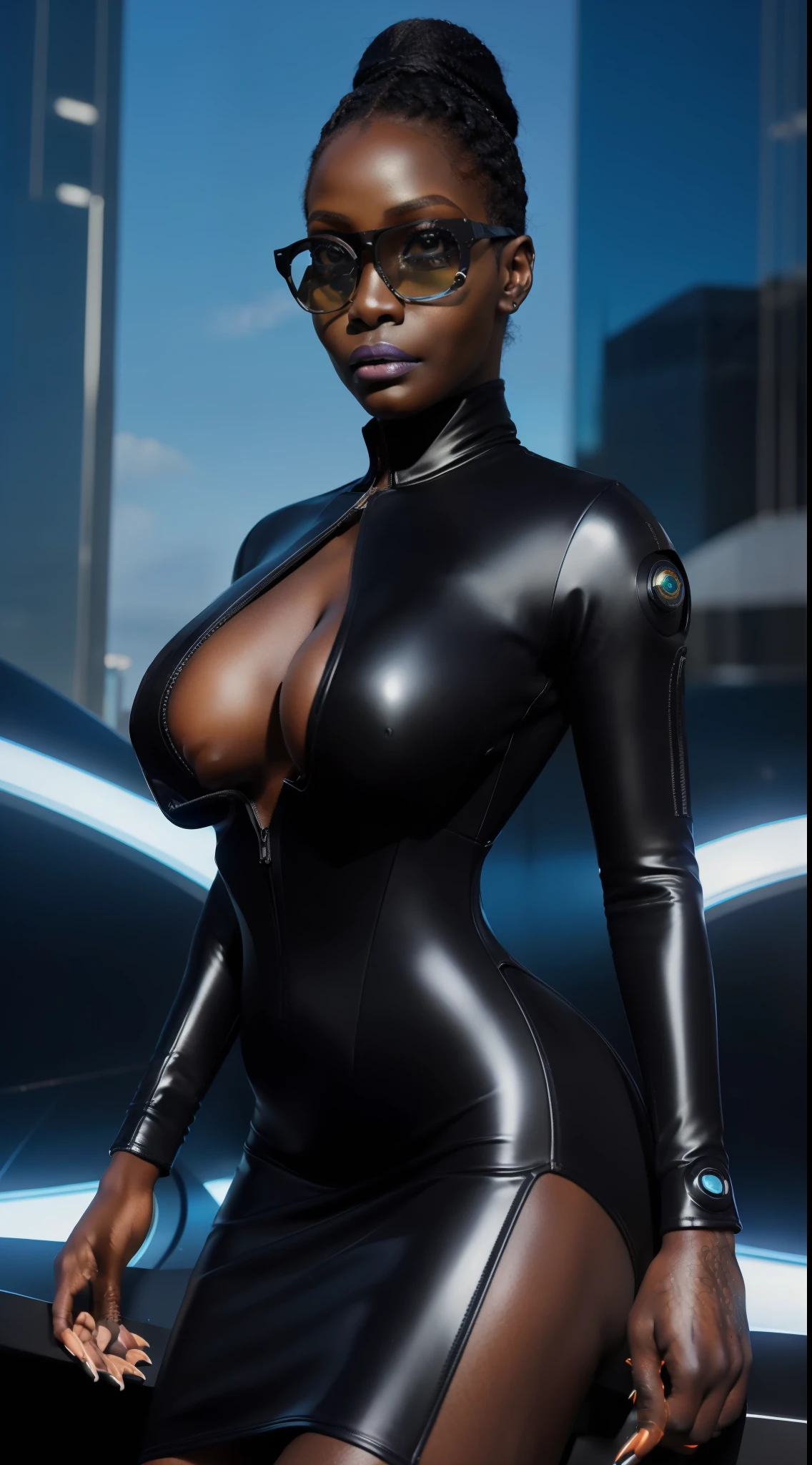 8k, ARTISTIC photography, best quality, masterpiece: 1.2), (realistic, photorealistic: 1.37`Movie still from Dead Ringers a movie directed by (David Cronenberg), (cyber punk Corporate Executive, Black Girl, wearing futuristic one-eyed glasses ), beautiful face, ebony woman ((jBria Myles)), over-detailed face, (((big open eyes))), beautiful body, voluptuous body , (( dressed in a Futuristic neoprene dress )), (((over-detailed clothing))), (((the color of the clothes is Neop))), posing, with  a futuristic Sky Scarper as background, ,