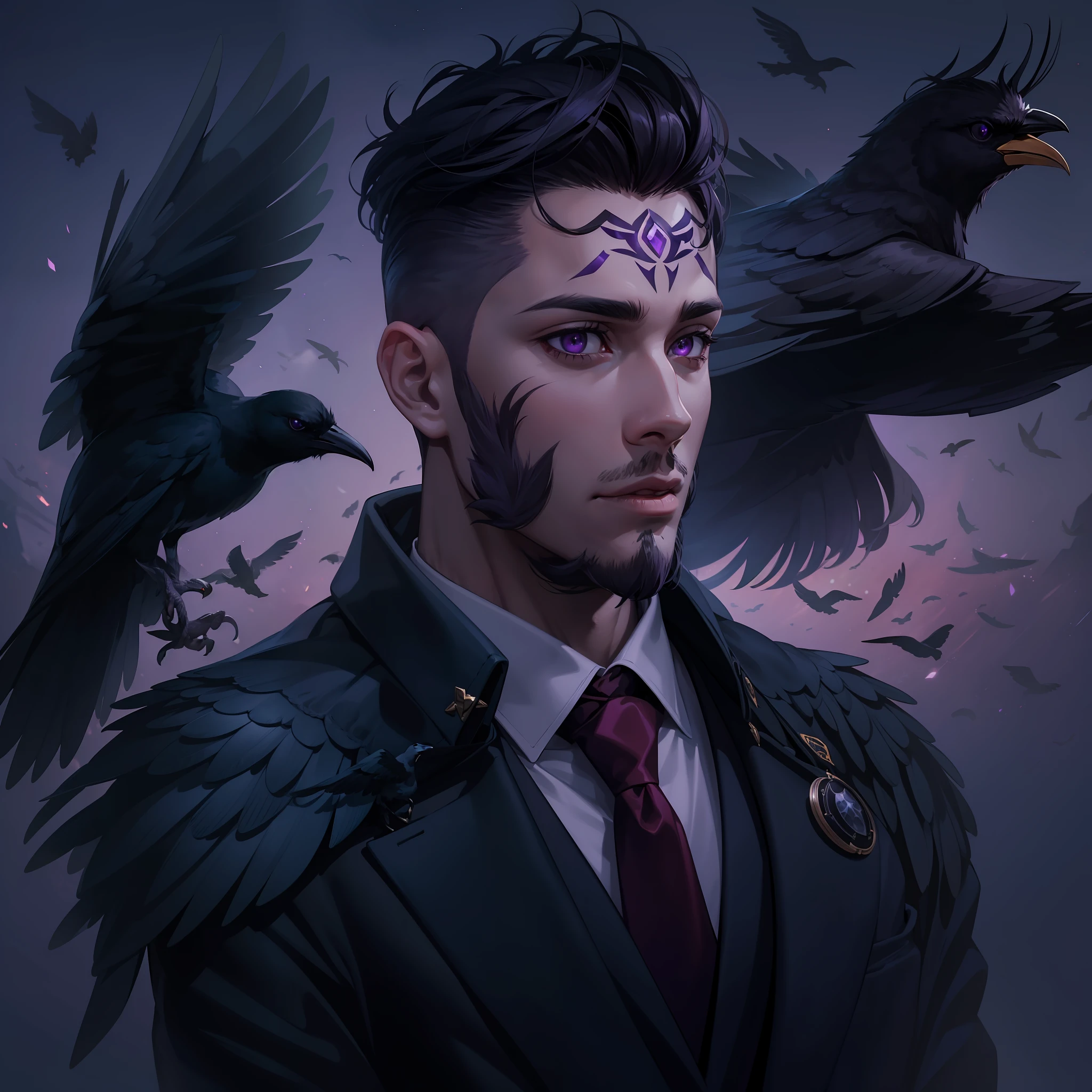 man, light skin, purple tones, purple eyes, crow on shoulder, black hair, short fur, focus on face, magic, Black Suit, red details, high quality image, 8k, focus on face, background birds in sky, Night magic neck tattoo