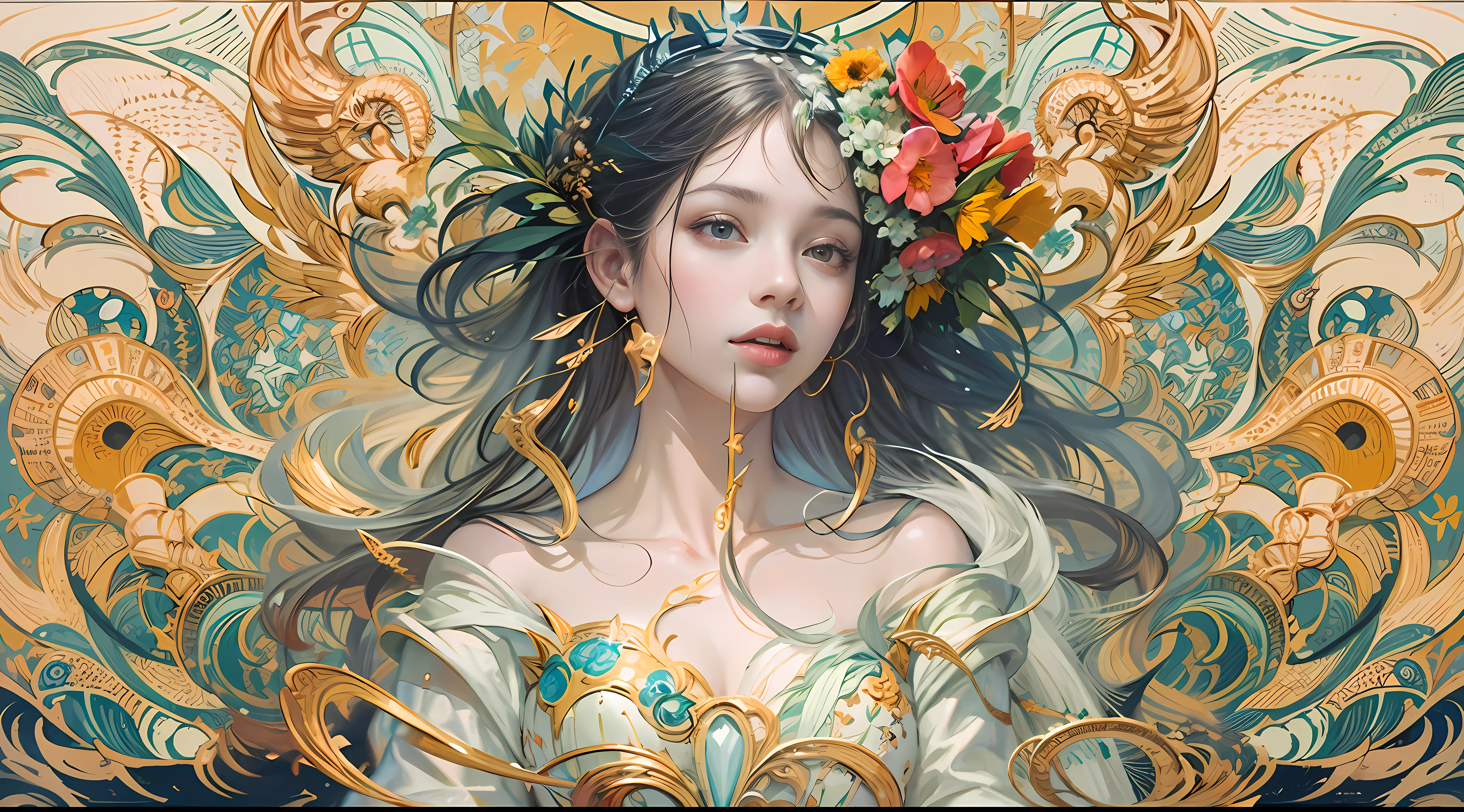 offcial art,Unified 8K wallpapers,ultra - detailed,Beauty and aesthetics,tmasterpiece,best qualtiy,(zentangle,datura,Tangles,entangled),(s fractal art:1.3),1girll,The is very detailed,dynamic angle,cow boy shot,The most beautiful form of chaos,elegant,Fauvist design,vivd colour,romanticism lain,James Jean,Robbie Devi Antono,ross tran,Francis Bacon,Michal Mraz,adrian ghenie,petra cortright,Gerhard Richter,Takato Yamamoto,Ashley Wood,Atmospheric,A note of ecstasy,streaming musical notes visible,no clothes are worn,Bouguereau,John William Goldward
