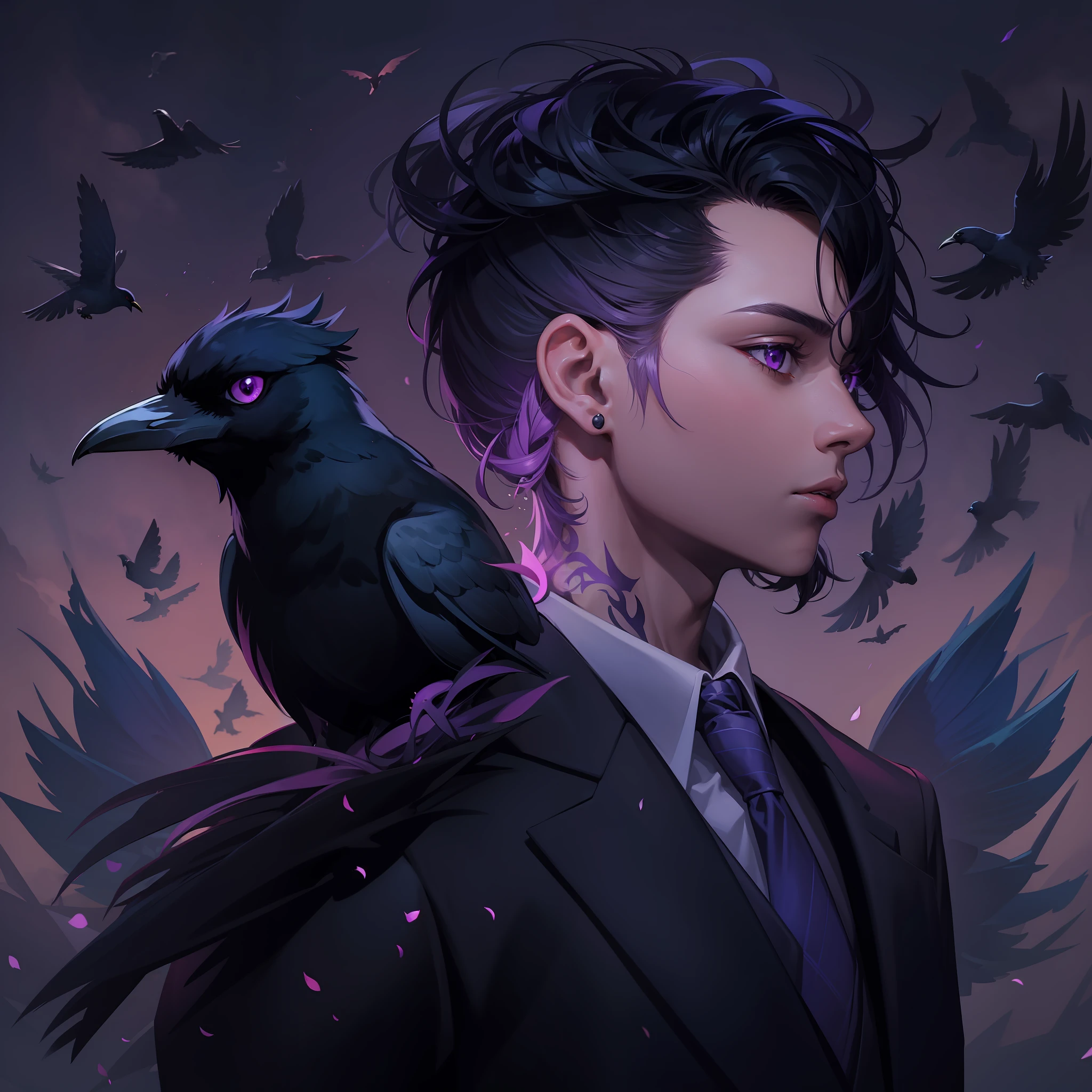 man, light skin, purple tones, purple eyes, crow on shoulder, black hair, short fur, focus on face, magic, Black Suit, red details, high quality image, 8k, focus on face, background birds in sky, Night magic neck tattoo