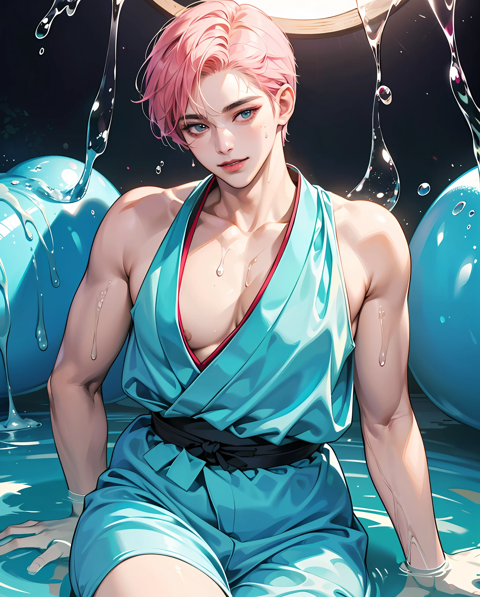 (high quality 8K anime), man head, Sweaty and sweaty, Powder blue vapor, Delicate skin, hermaphrodite, twink male body, manly short hair, creepy erotic smiling, (Photorealism), masterpiece, best quality, portrait, Perfect underarmpit, fishnet clothing, (Japanese KPOP idol:1.2), (realistic beautiful Asian), close up and soft up to everything, (plump MILF body), spot light, super pale skin, dark make up, sharp focus, detailed anatomy, ultra-wonderful face detail, (his deep drippy blue colored melting slime body under the clothes), 39 years old, a hot wet erotic blue colored slime super idol, Young woman-like thigh line, with a ultra-cute face of a Japanese-Korean emo young idol, (ultra-detailed eyes), (ultra-detailed skin), (super melting pink manly short hair style), laying in a bath pool full of blue slime, (drippy melting body), (hyper huge erotic female breasts), super wide wet juicy sexy red lips, soft light, perfect yaoi face, photorealistic, correct fingers, the light is very bright, hypermaximalist style: realistic, photorealism, photography