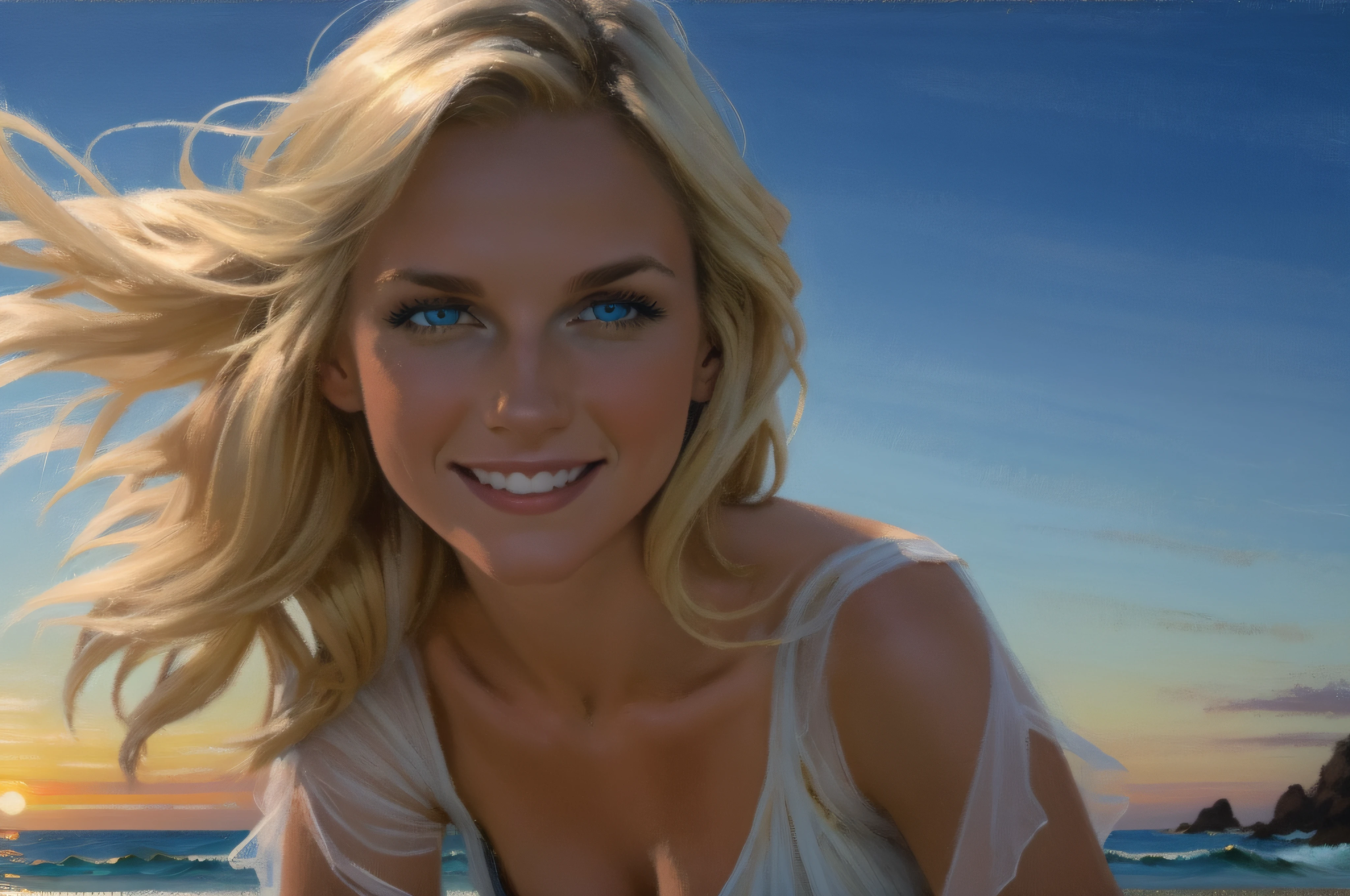Head and shoulders portrait, Happy Smiling young beautiful Blonde woman, at the sea, by sunset, white thin summer dress, golden blond long hair flowing in the wind, blue eyes, oil on canvas, oil painting, James Gurney, smooth, hyper detailed, natural looking, life like, photo realistic, maximalist, wallpaper, masterpiece, 32k resolution, hyper realistic, best quality, ultra quality, Epic, cinematic, brilliant, stunning, intricate, meticulously detailed, dramatic, atmospheric, digital matte painting, colorful, bright colors, complementary colors, golden hour, volumetric lightning, high contrast, super detailed face, super detailed hair, romantic vibe, a beautiful summer evening at sunset, ocean waves and sun setting in background