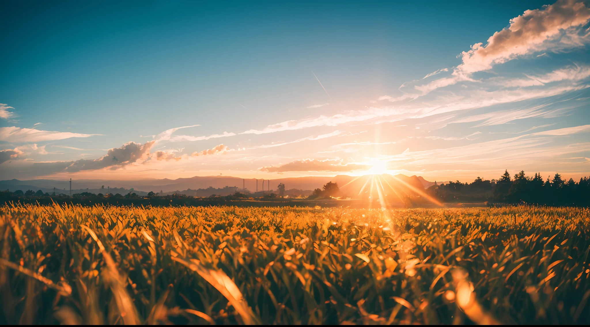 Large summer clouds, sony a7, Film grain, Sunset, the golden hour, Cinematic lighting, Photorealistic, one-point perspective, 32K, diffuse reflection, colorful shiny particles, Lens Flare, sharp reflection light,