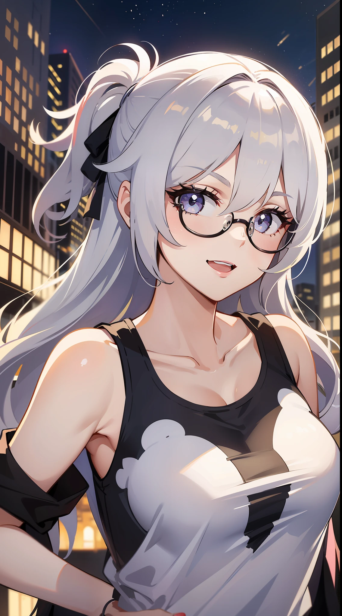 (city street background:1.5), seductive pose, wink, (Focus on upper body:1.2, until hips), ((Bronya:1.3),(silver hair:1.2),(drill hair:0.9)), 45 degree from viewer, seductive pose, looking at viewer, smiling, open mouth, frameless eyeglasses, full moon on sky, sky full of stars, casual clothes, t-shirt, tight t-shirt, open shoulder