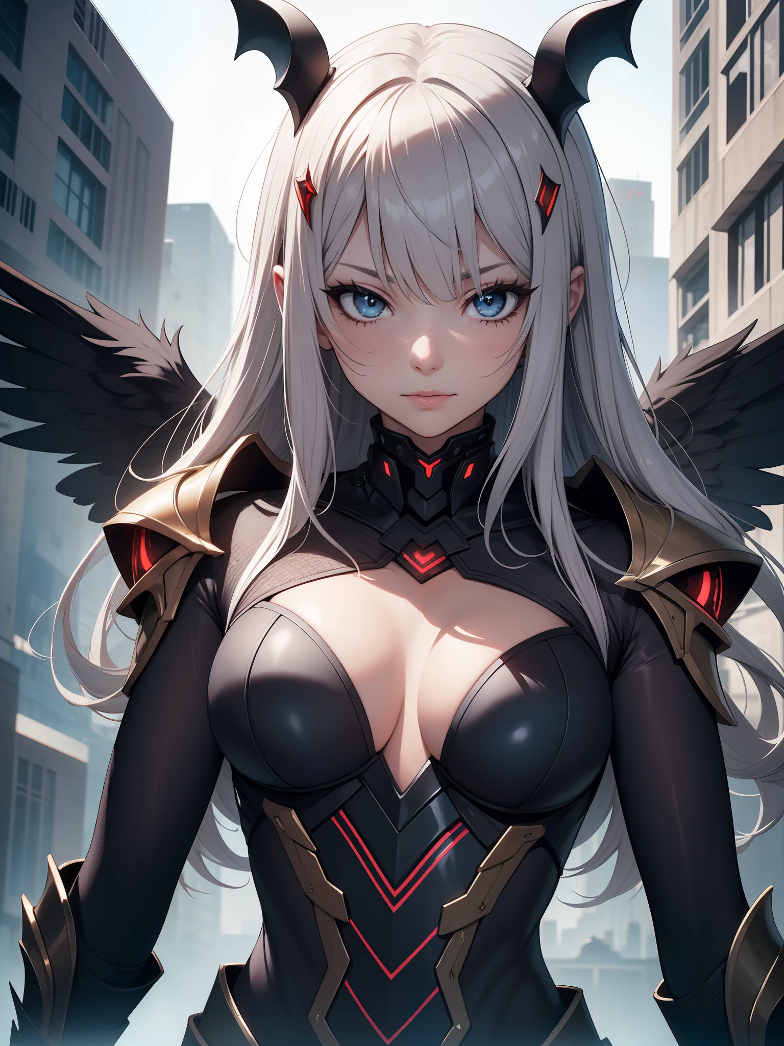 "High-resolution image of a dark demon angel in impressive clothing and detailed cyber armor. Beguiling face in high resolution."