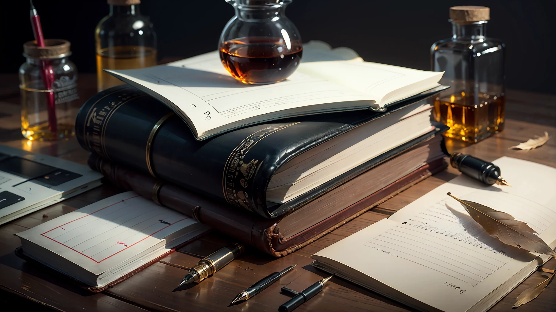 3 books on desk,ruler, ink bottle,feather pen, potlook at me, super fine, 16k resolution, master work, overhead lens, dynamic viewing angle