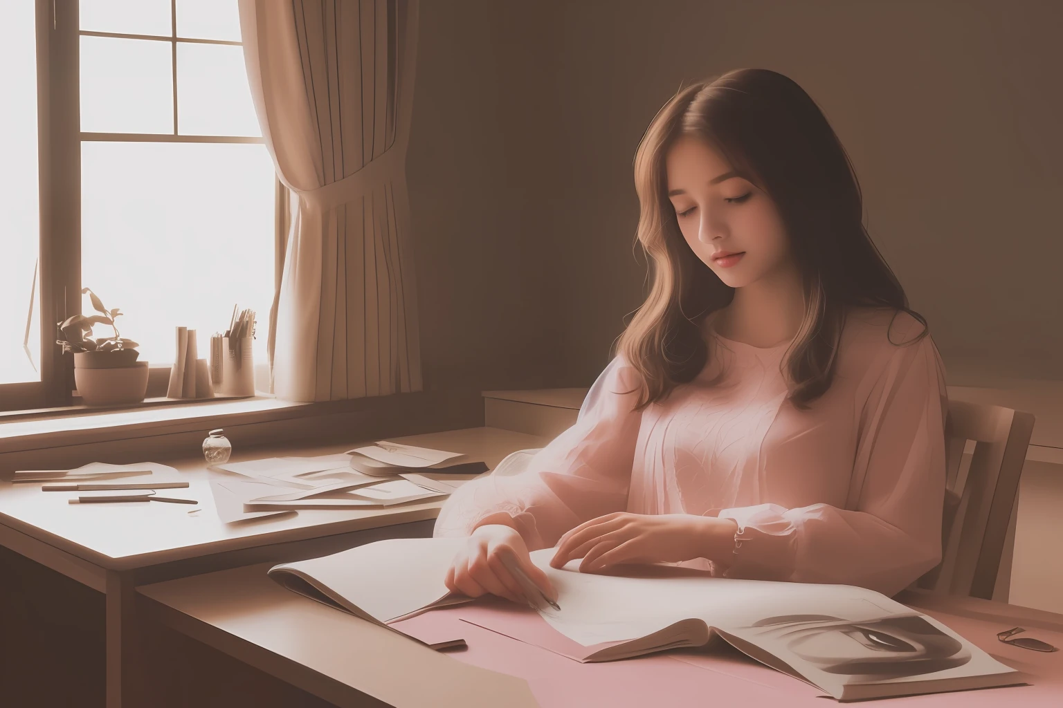 masterpiece, best quality, 4k, illustration,(1girl),1girl, realistic, photo \(medium\), extremelydetailedCGunity8kwallpaper,bestquality, the beautiful girl is siting but sleeping on her sketch book on the desk, pen nerby , crytal bal, long brown hair, hair hair ornament,straight hair, pink dress, indoor, photo background, sharp forcus,