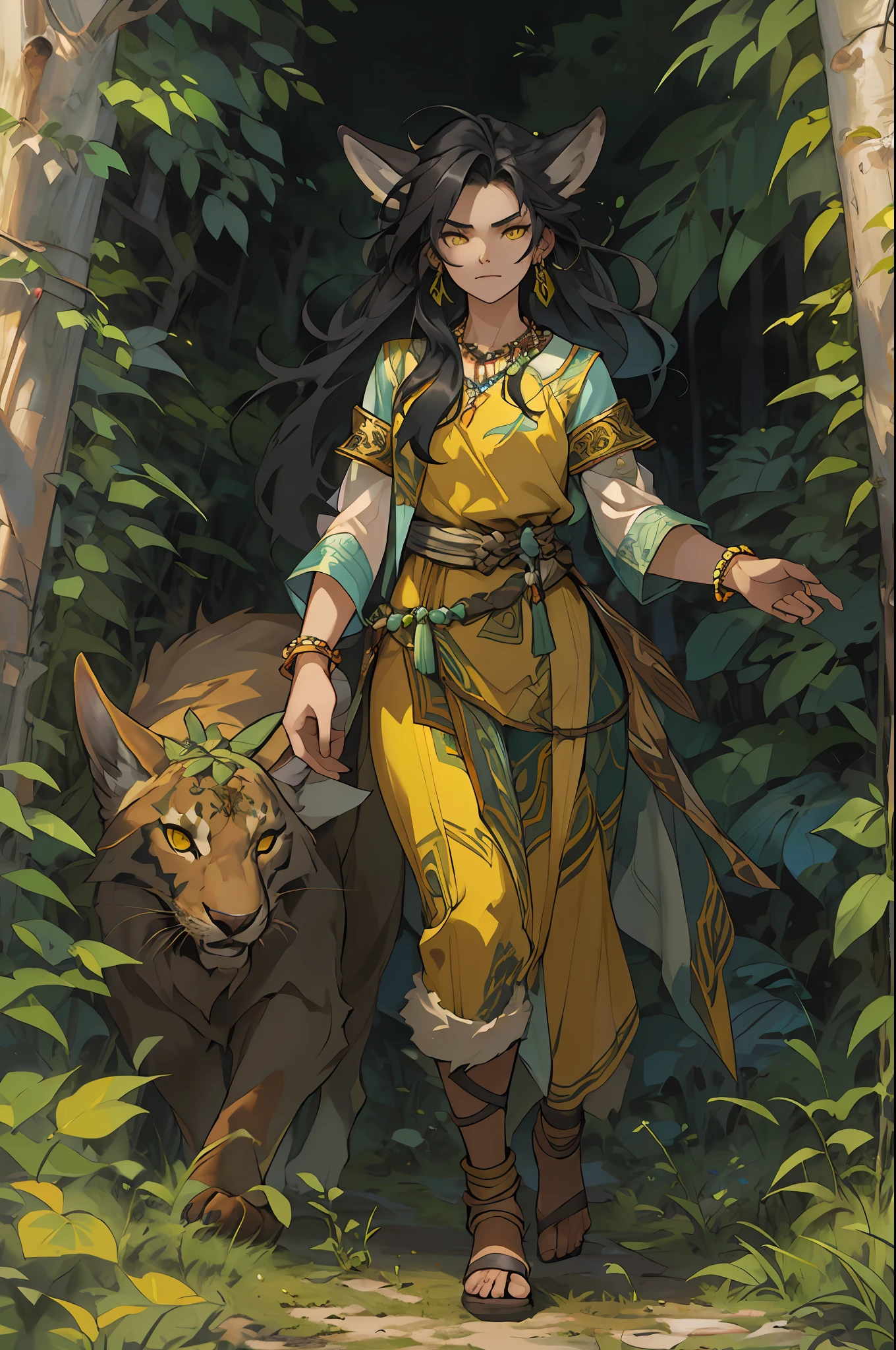 (1 Northern Girl,Animal fur clothing,Norse primitives),Anatomically correct, Solo, shaman, Nature, Healer, Round ears, wild hairs, Dark black hair, Unkempt hair, Earthy yellow energy, pretty eyes, Long bead necklace, Bead bracelet, trinkets, Vines in hair, Thick body, Wide body,Fantasy setting, Outdoor activities in a dream forest, Ancient ruins, Faye Wong Wilder, fey, falling leaf, ventania, Magic the Gathering, dungeons and dragons, character concept, character art, Character portrait, Cartoon, Best quality, Best resolution, 4K, Vivid colors, Vivid, High detail, best detail, confident pose, extrovert, look from down, Serious expression