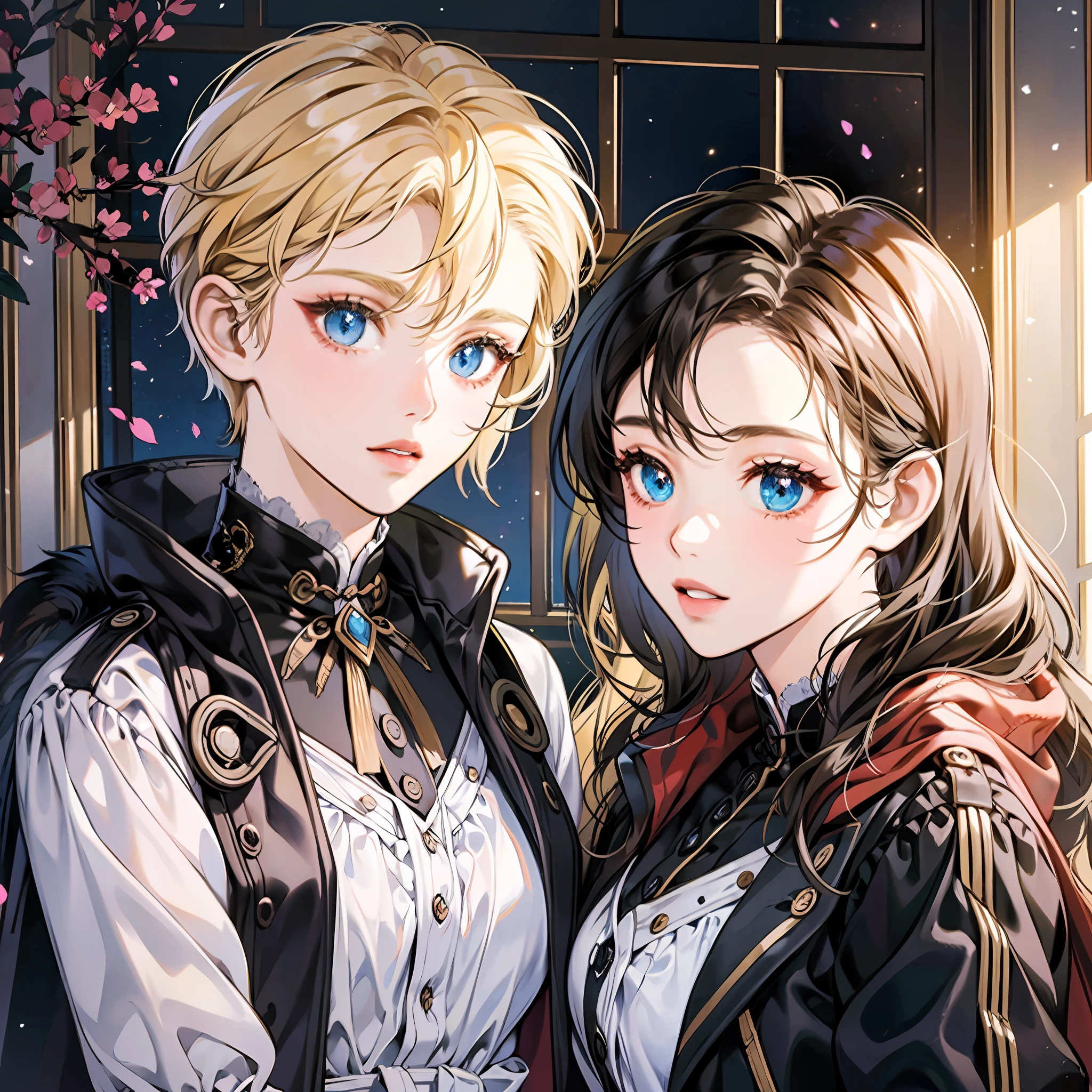 A short blonde hair,eBlue eyes,Girl in black jacket snuggled next to a girl with long black hair and blue eyes in a white dress,(Double)((twogirls))Beautiful CG,light and shadow effect,Pay attention to detail,Ground,inside in room,frontage,looks into camera。