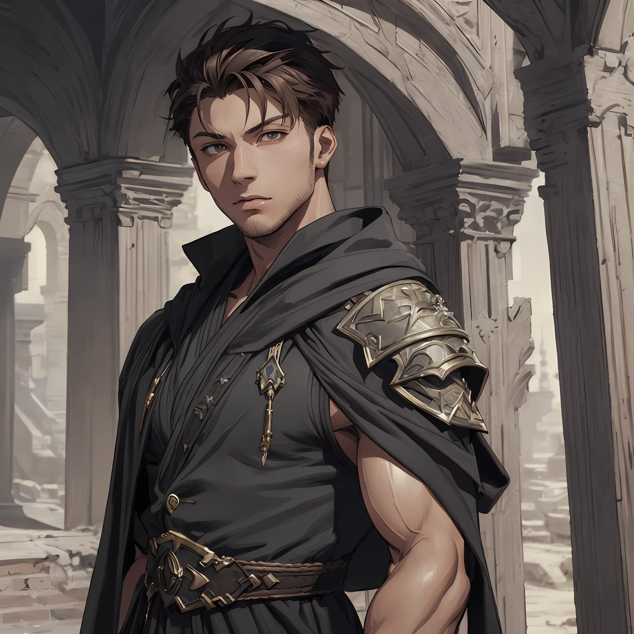 masterpiece, best quality, 1man, adult, male focus, solo, vibrant black eyes, brown hair, short spiky hair, looking at viewer, closed mouth, Fantasy aesthetics, Highly detailed, shadowverse style, muscular, muscular arm