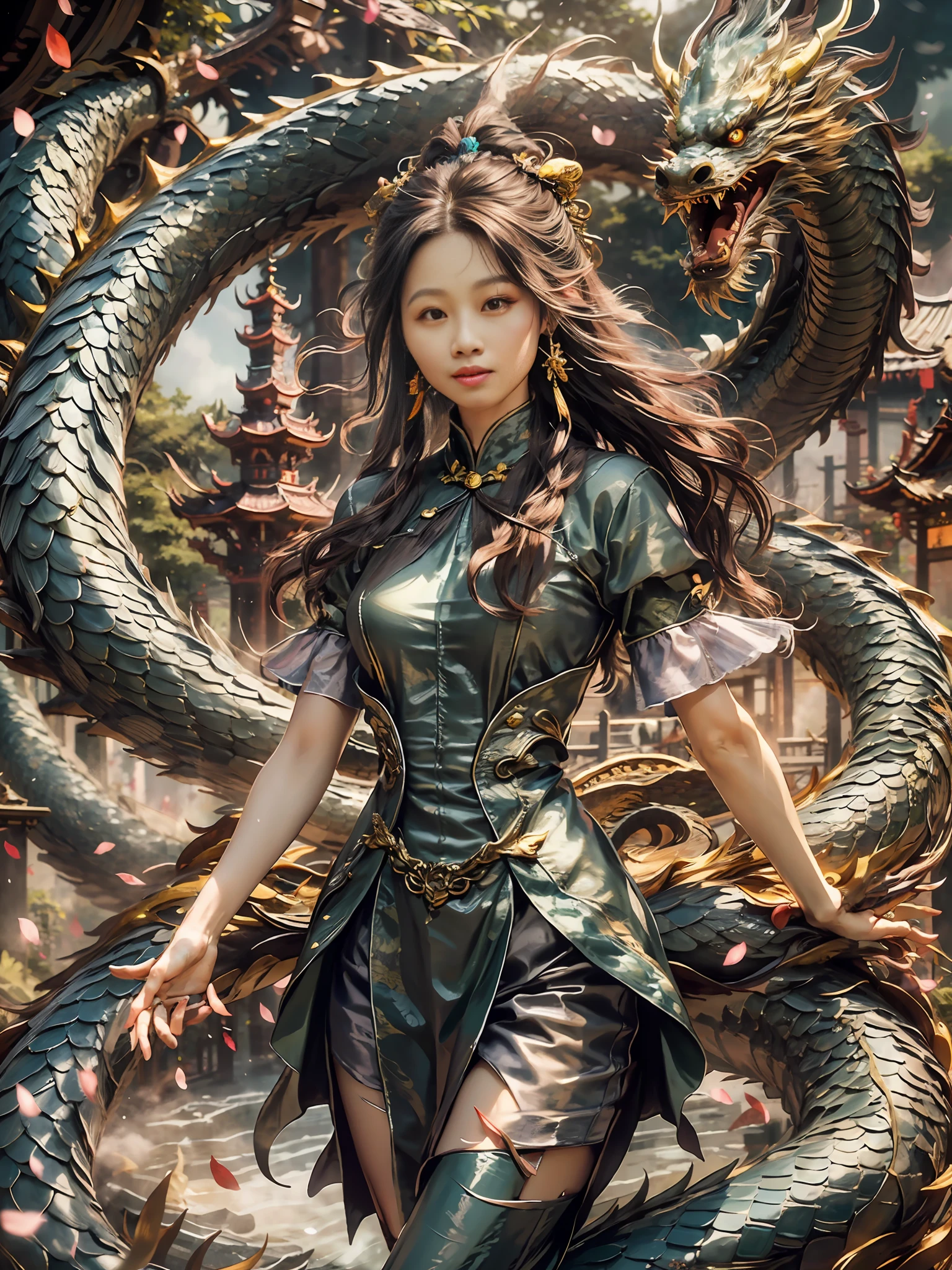 Dragon_Real, Flame Long dragon, Chinese dragon, paws, serpentine body, sharp eyes, ((best quality)), ((masterpiece)), ((realistic)), ((18-year-old girl in Chinese clothes, flowing hair adorned with a beautiful hair ornament, standing amidst flying flower petals with a majestic dragon wrapped around her)), Haircut model by Choppy layers, possed is Standing in the doorway pose, sharp grey-blue, shooting angle is Bird's-eye view, Be mesmerized by the enchanting sight of an 18-year-old girl donned in elegant Chinese attire, her flowing hair gracefully embellished with a captivating hair ornament. As flower petals sway in the wind around her, a majestic dragon wraps its serpentine body around her, creating a scene of mythical allure. Immersed in the deepest jungle river of a rainforest village, the lush greenery and vibrant flora surround them. Runes adorn the landscape, imbuing an air of ancient mysticism. The duo stands atop a mist-covered mountain, where snow-capped peaks reach for the sky. Soft light illuminates the girl's face, casting gentle shadows and capturing her ethereal beauty. Bokeh and distant neon lights add a touch of magic from afar, creating a dreamlike ambiance. The blurry background further enhances the cinematic quality, drawing attention to the splendid and hyper-detailed composition. Prepare to be captivated by the seamless blend of natural elements and fantasy in this artistic masterpiece.