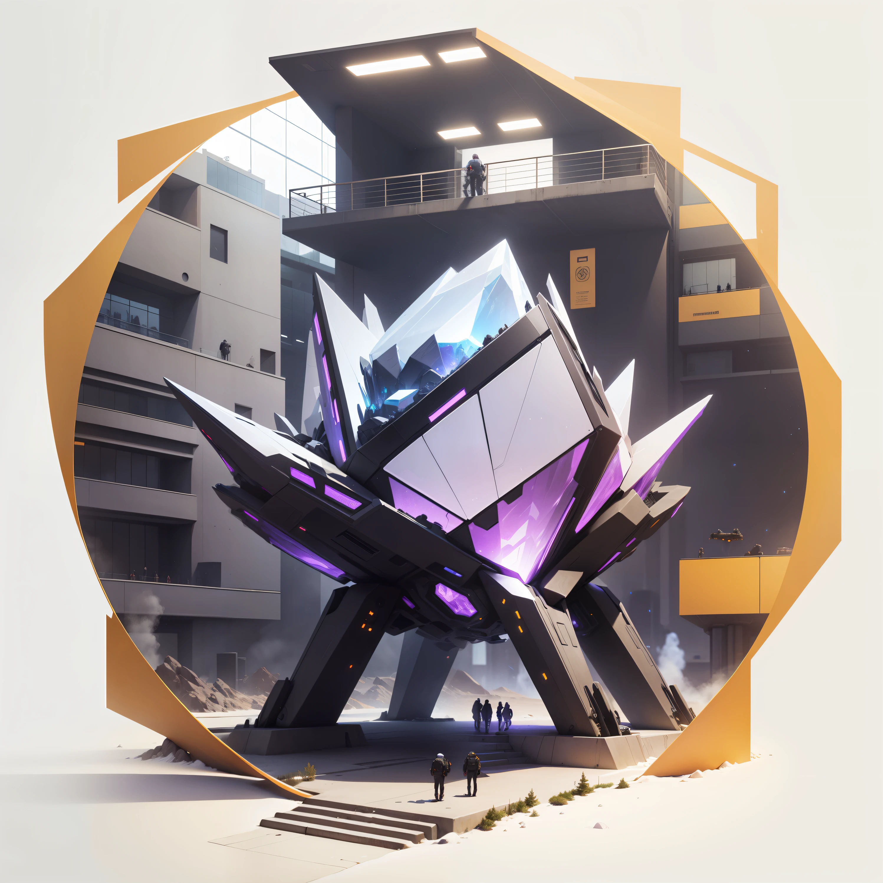 High-tech mines have a large number of workers,Above the mine is a high-tech plaza,There are a lot of people moving around,A large number of square crystals,Lots of glass,Full of technology,SENSE OF CINEMA,Extremely delicate,Modern realistic style,The main color is purple,Complemented by black --auto