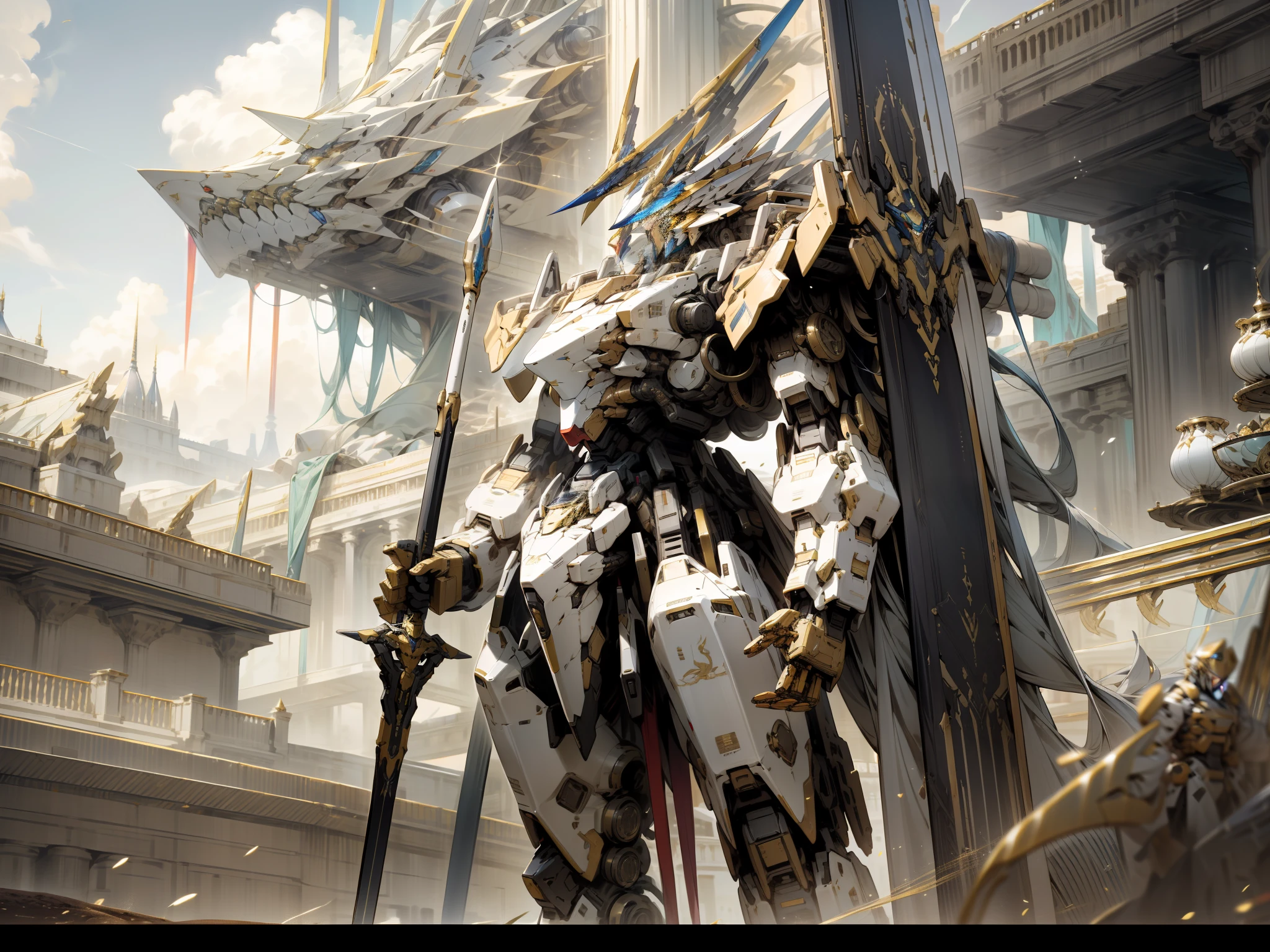 Picture an impressive mecha, predominantly black accents, standing tall and holding a huge spear on the dessert. This mecha features a futuristic design with intricate details and a formidable expression. The golden accents on certain parts add a luxurious gleam and highlight its design lines. In the background an epic and mesmerizing atmosphere.