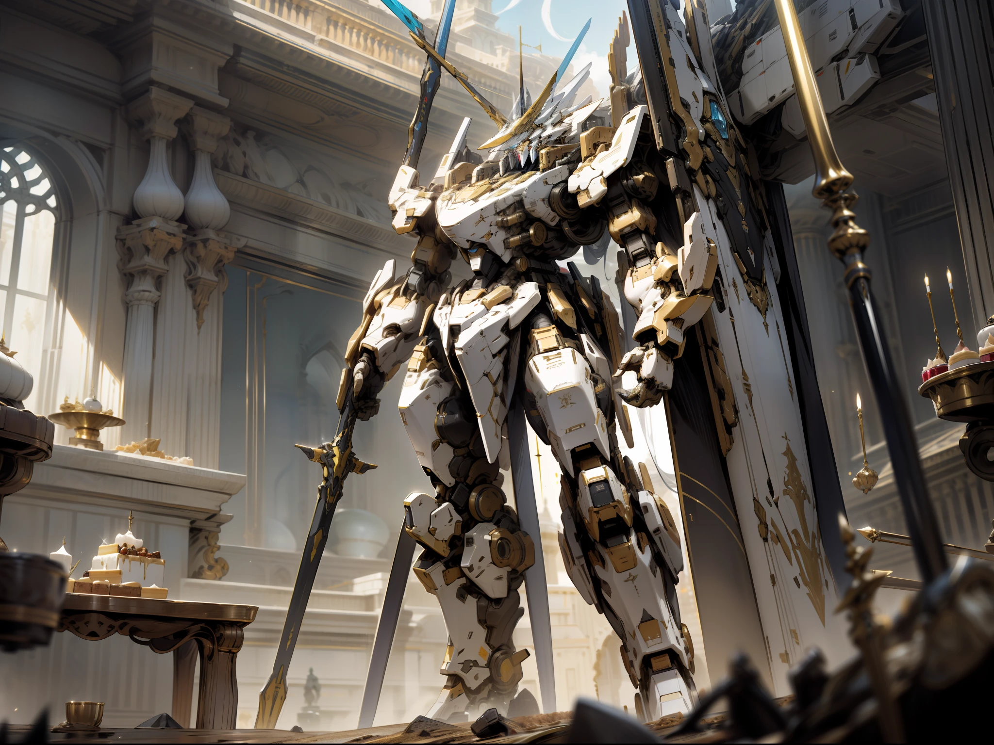 Picture an impressive mecha, predominantly black accents, standing tall and holding a huge spear on the dessert. This mecha features a futuristic design with intricate details and a formidable expression. The golden accents on certain parts add a luxurious gleam and highlight its design lines. In the background an epic and mesmerizing atmosphere.