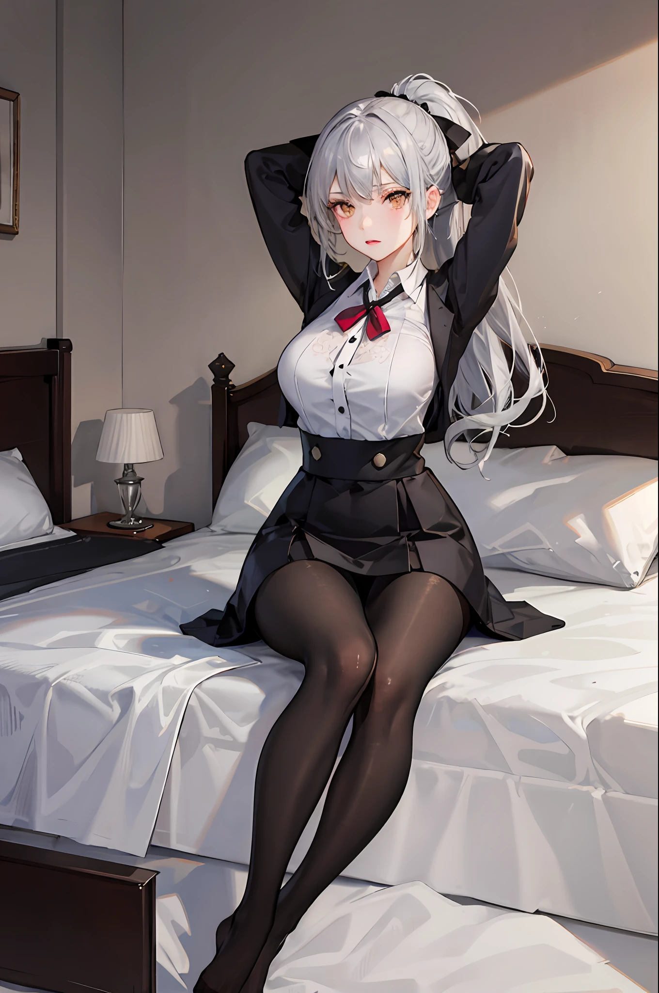 (((1个Giant Breast Girl)),Ray traching,(dim murky lights),[detailedbackground(Bedrooms)),((Silvery hair)),((Silvery hair)),(((((Fluffy silver hair,plump and slender girl))Wears a high ponytail)))Avoid golden eyes in the ominous bedroom((((Girl wears white shirt,Black wrinkled skirt,Wear yours with black sheer pantyhose),It shows a delicate and slender figure and beautiful curves,Correct limbs,sit on a bed,Put your hands behind your head,Put both hands behind your head,Dressed revealingly,Stepping socks,leg loops,srestrained