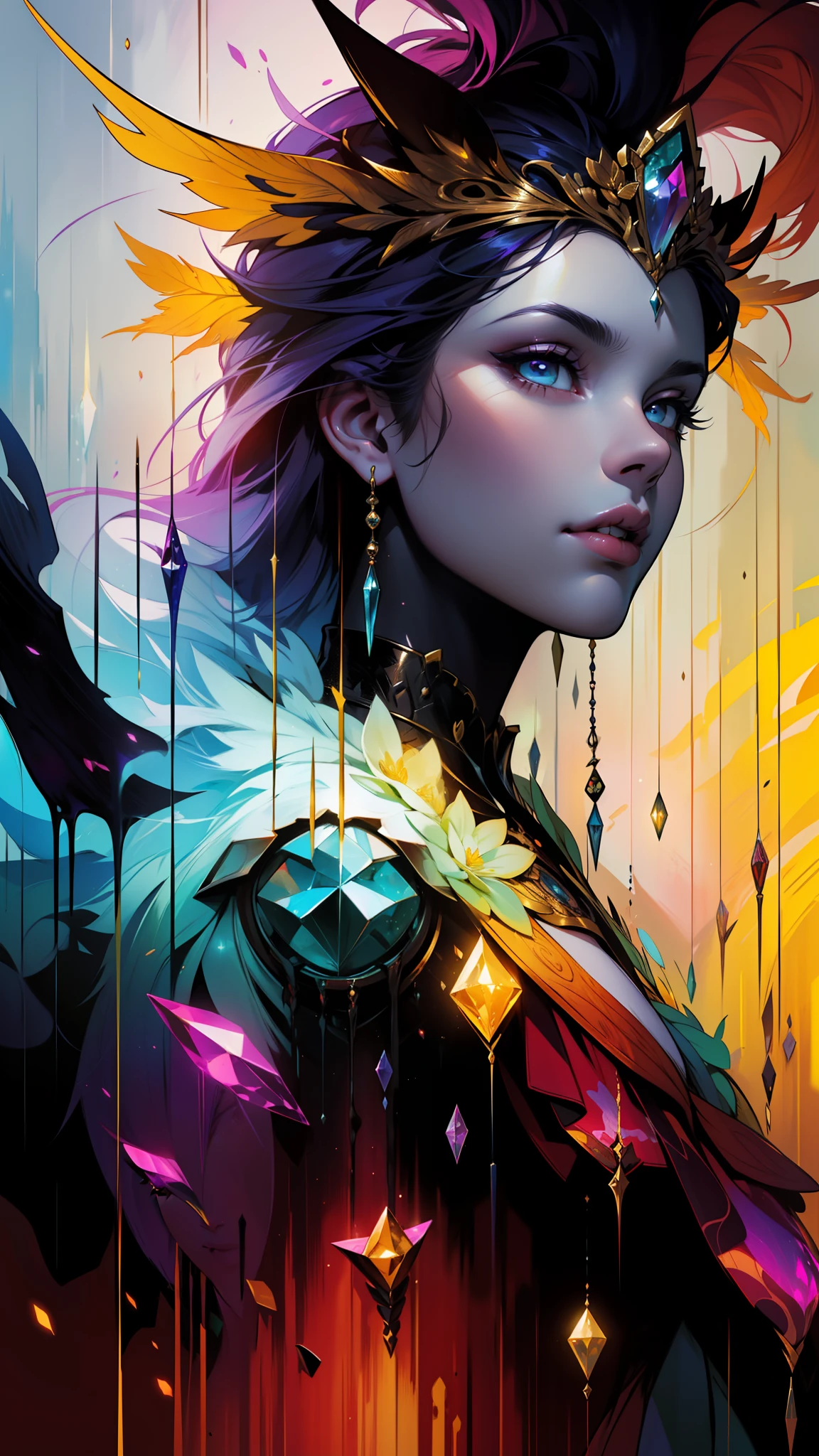 Professional,abstract beauty,approaching perfection,dynamic,Highly detailed,digitalpainting,Artstation,Concept art,Smooth,sharp-focus,illustartion,Artists: by Carne Griffiths, Wadim Kashin,leonid afremov,kandinsky,Psychedelic,watercolour,crystals foil,stylish,Fantastic,a gold,colorful neon, s face, waist-high, portraite of a, up close, near, queen, a goddess, A glorious sunrise, aura, Glow, multi-colored bright aurora borealis, Spectrum Rainbow,Colored feathers, In a chic, lavender white mint hair,  pastel, mixed-language_SMS, (beautiful and clear background:1.2),, fantastic paintings , high detailed eyes, crystals, The Space of the Northern Lights, galaxy, Gorgeous hair, Plants. Loving. Love. ultra detail hair, Best Quality, hiquality, hight resolution, detail enhancement, ((most beautiful image in the world)), Masterpiece, Best Quality, High Quality Detail Enhancement, ((most beautiful image ), Shiny hair, Ultra chic, Topless, naked body, curvy chic body, Stampa Flores, art by stjepan sejic, art by j scott campbell, Artist Guillem March, art by citemer liu, 4k, hight resolution, comic book character, comic, high quality detailed,   style of ::2.0 comix illustration style,tatoon style, hiquality, hight resolution, detail enhancement, 8K, HD, Best Quality, hiquality, hight resolution, detail enhancement, 8K, HDR, sharp-focus, Ultra Detailed, perfect  lighting, Curvy Body, Lush big breasts, Curvy big hips, sparks, Stars, The Cycle of the Stars