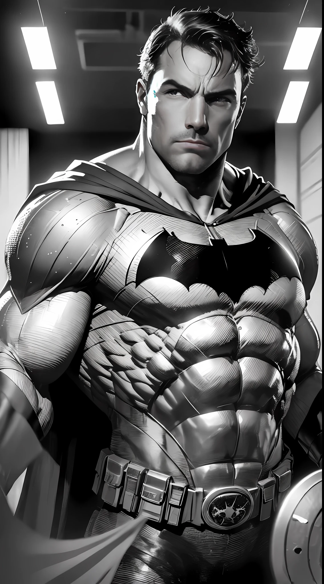 1 man, solo, Ben Affleck as Batman, tall, hunk, muscular, bulk, wide shoulder, photorealism, dark dirty grey suit, dark grey arms, ((no mask)), mask off, black hair, black gloves, best quality, masterpiece, high resolution:1.2, black cape, high detailed , high detailed suit, high detailed face, award winning, night time, a dark cave in the background, indoors